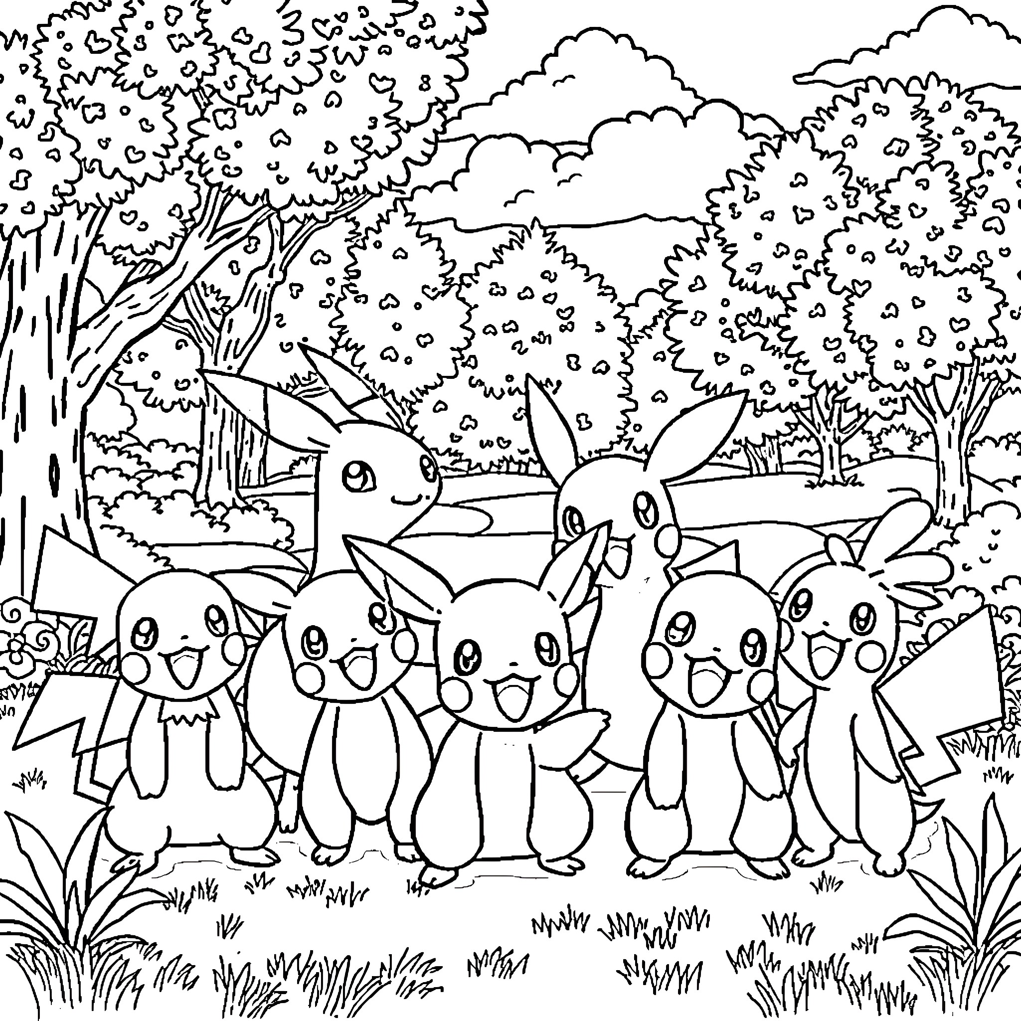Pokémon characters exploring the forest Coloring Page (free black-and-white line drawing printable PDF for all, from beginners to advanced learners, including children, teens, adults, and seniors)