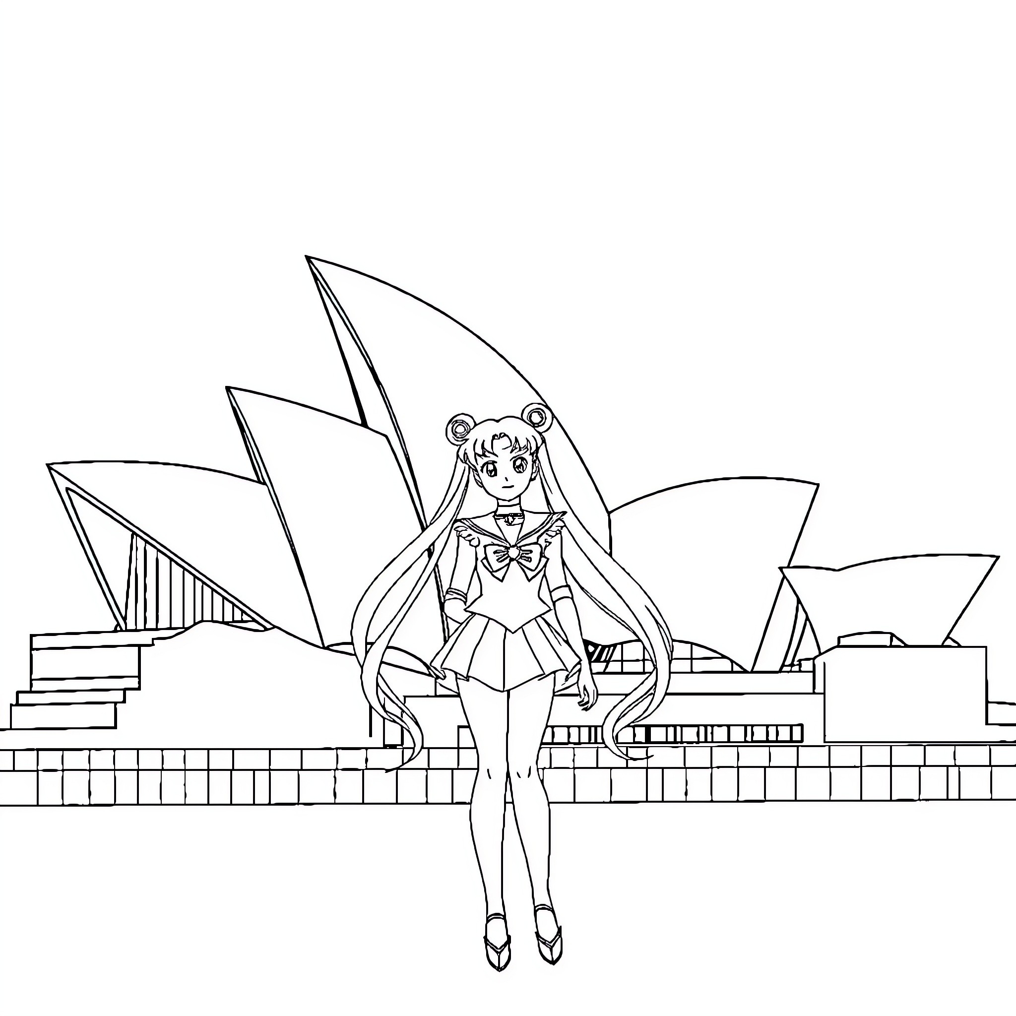 Sailor Moon Exploring Iconic Architecture Coloring Page (free black-and-white line drawing printable PDF for all, from beginners to advanced learners, including children, teens, adults, and seniors)