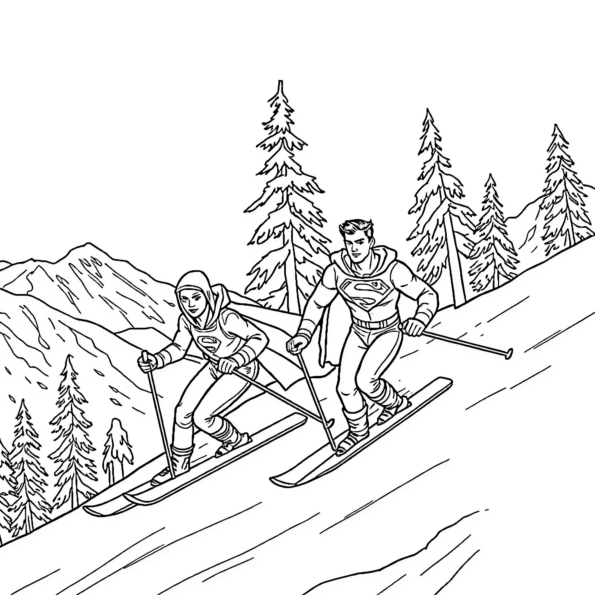 Barman skiers tackling the slopes in winter landscape Coloring Page (free black-and-white line drawing printable PDF for all, from beginners to advanced learners, including children, teens, adults, and seniors)