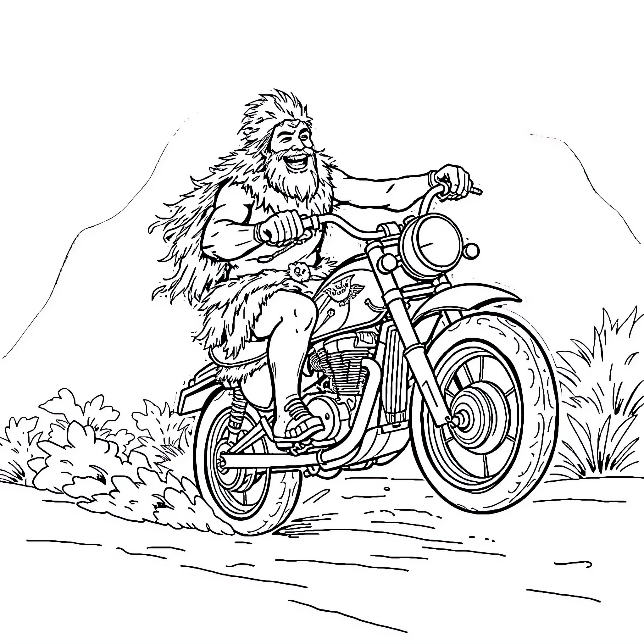 Caveman riding a motorcycle through the wilderness Coloring Page (free black-and-white line drawing printable PDF for all, from beginners to advanced learners, including children, teens, adults, and seniors)