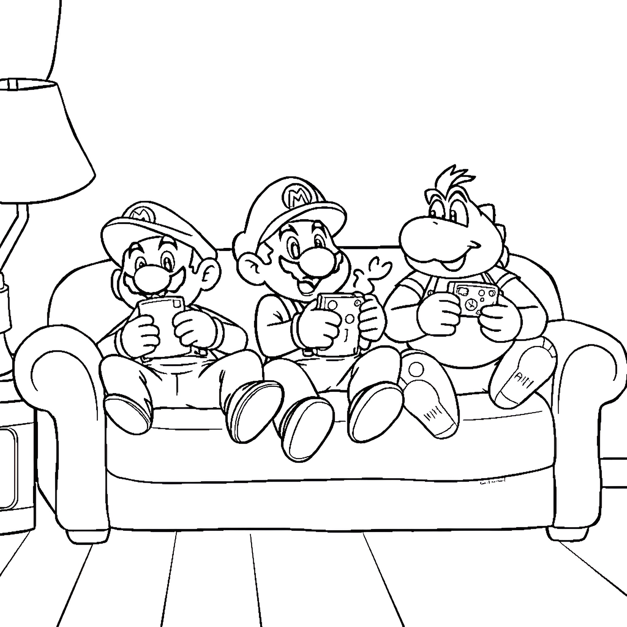 Mario, Luigi, and Bowser enjoy a friendly gaming session Coloring Page (free black-and-white line drawing printable PDF for all, from beginners to advanced learners, including children, teens, adults, and seniors)