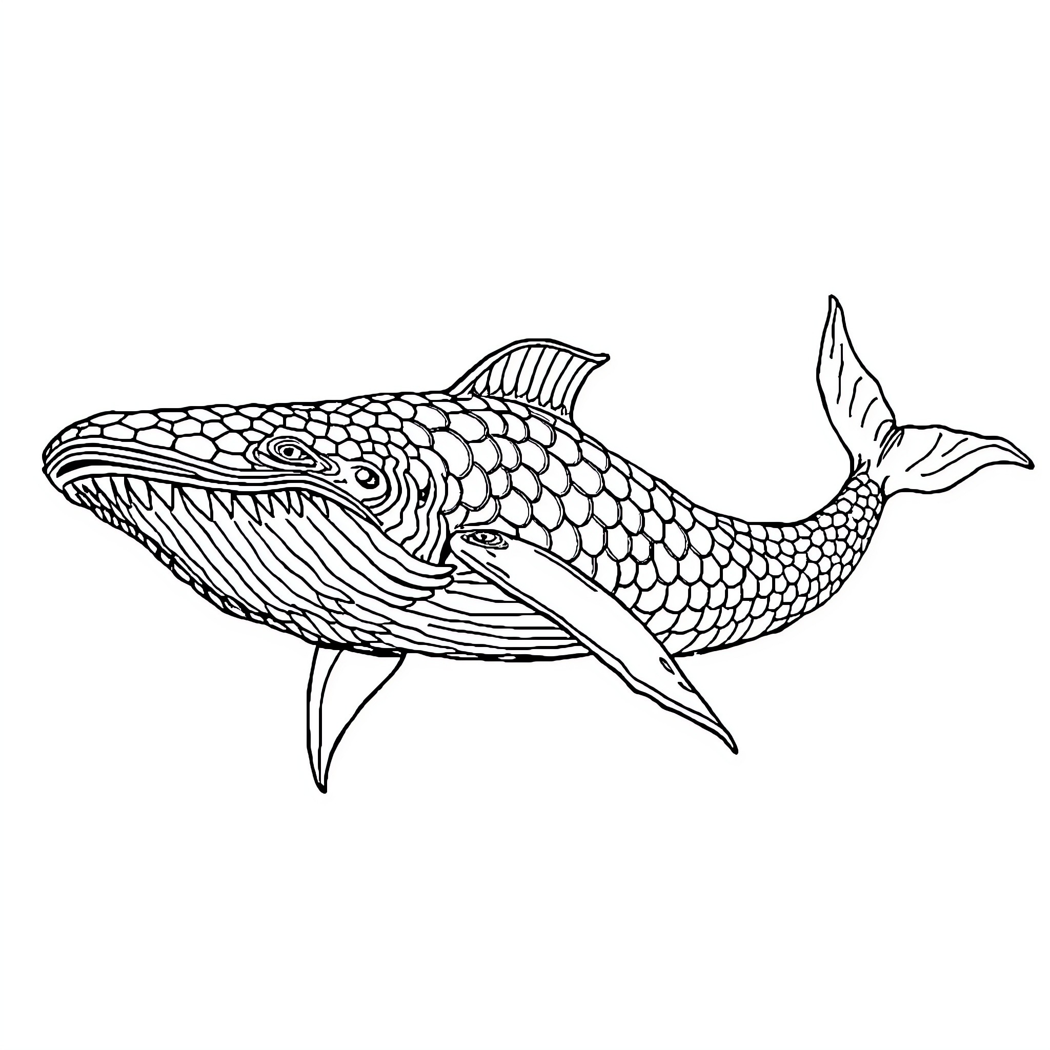 Leviathan of the Deep: Magnificent Aquatic Creature Coloring Page (free black-and-white line drawing printable PDF for all, from beginners to advanced learners, including children, teens, adults, and seniors)