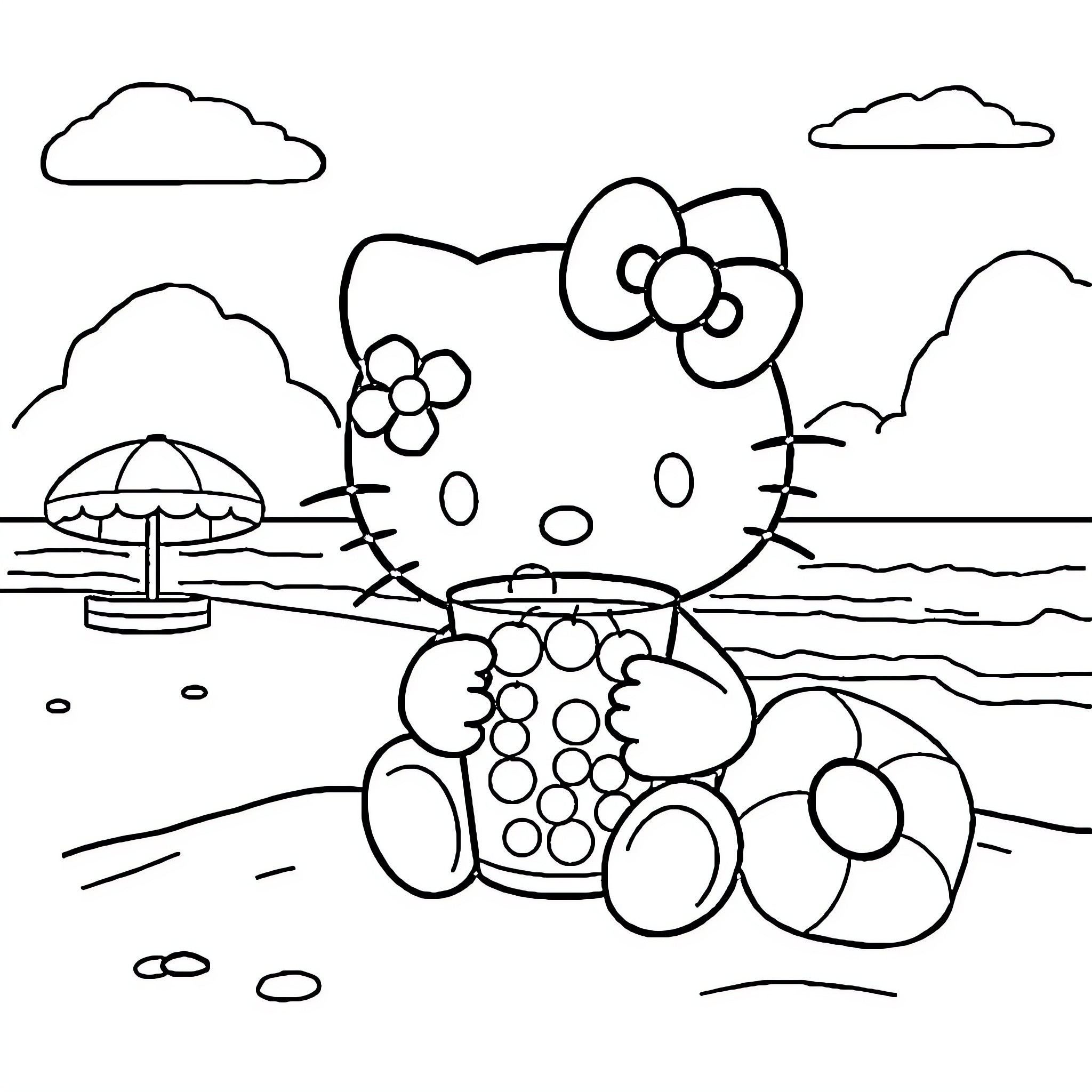 Hello Kitty enjoying a day at the beach Coloring Page (free black-and-white line drawing printable PDF for all, from beginners to advanced learners, including children, teens, adults, and seniors)