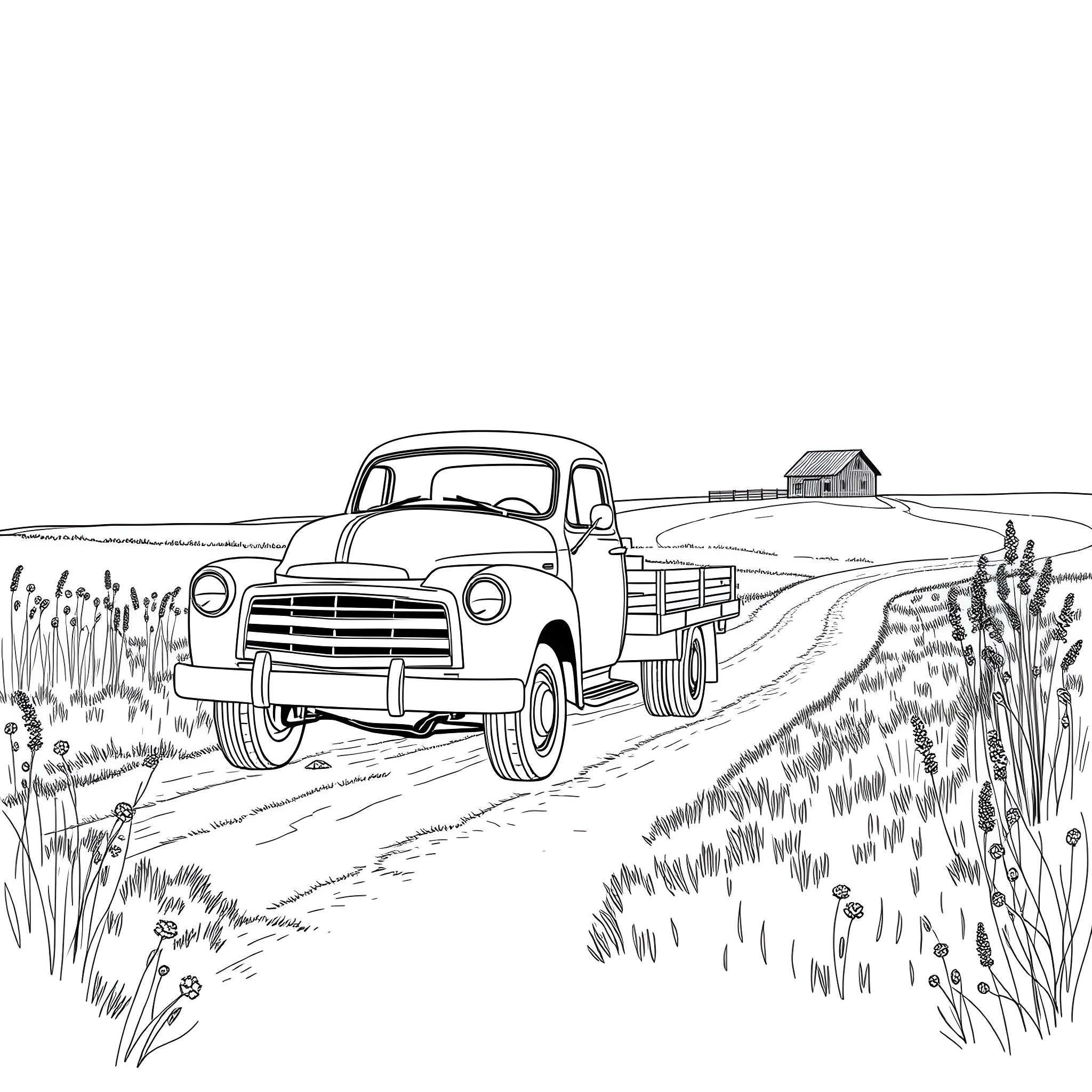 Flatbed truck on a rural road Coloring Page (free black-and-white line drawing printable PDF for all, from beginners to advanced learners, including children, teens, adults, and seniors)