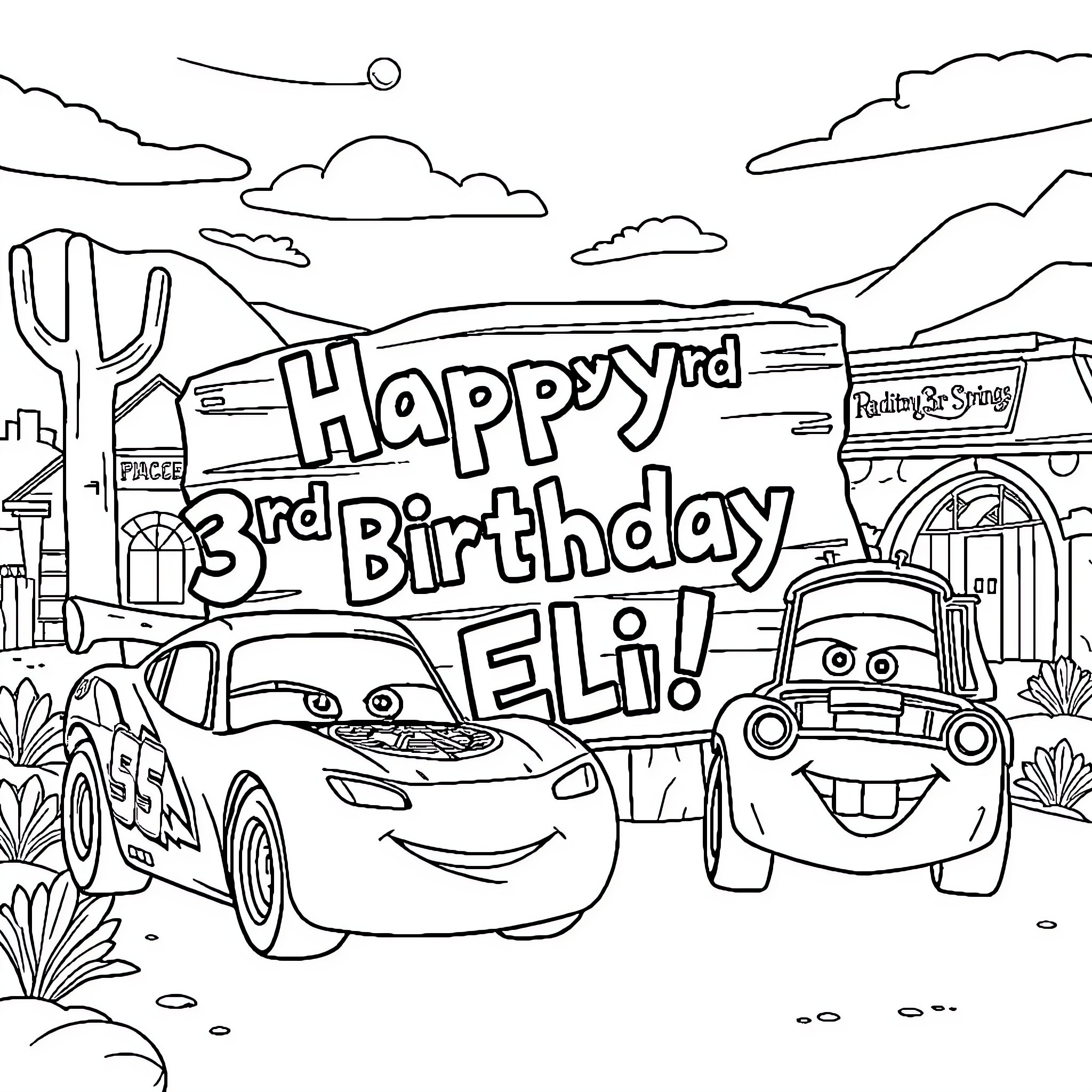 Car characters celebrating birthday in town Coloring Page (free black-and-white line drawing printable PDF for all, from beginners to advanced learners, including children, teens, adults, and seniors)