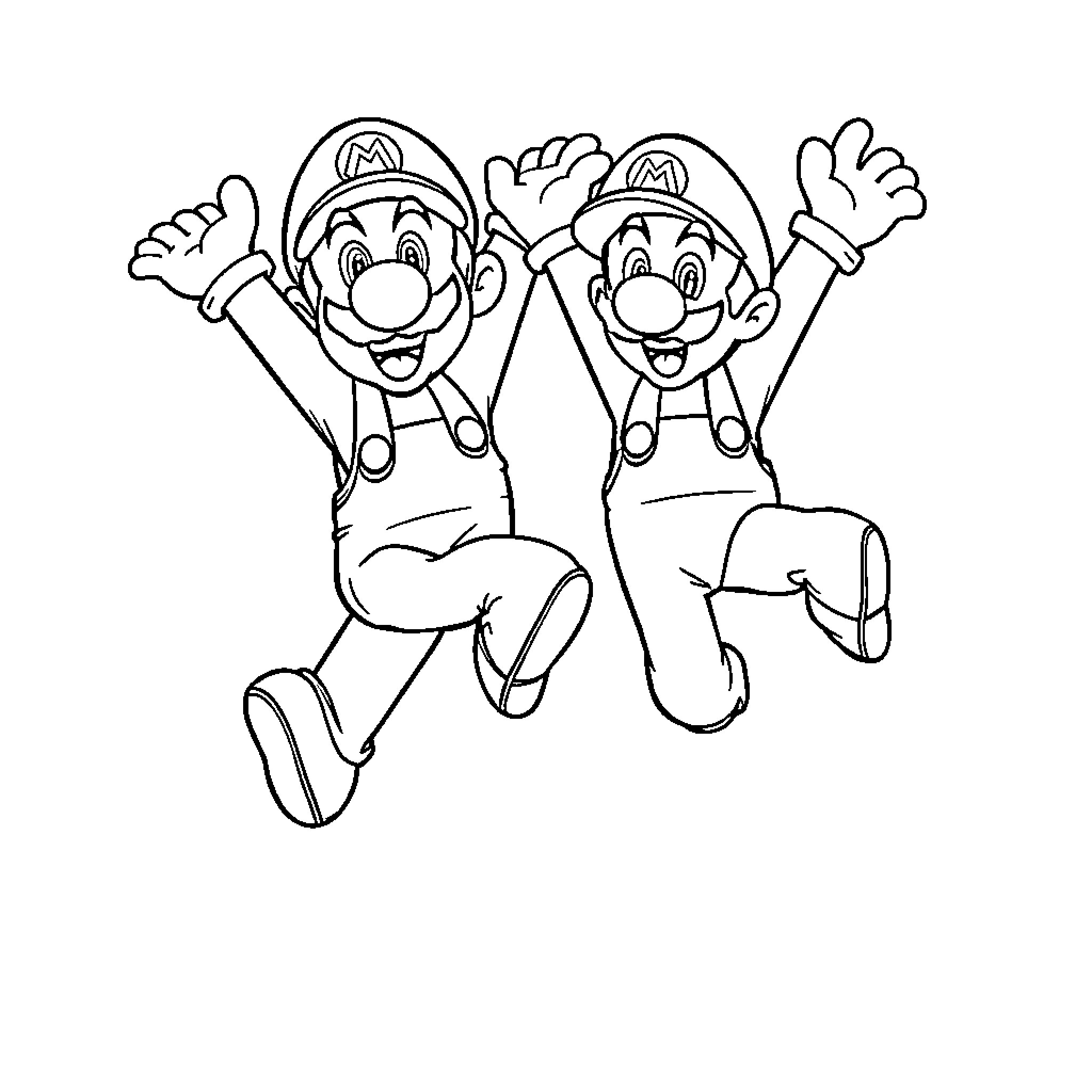 Mario Brothers jumping together happily Coloring Page (free black-and-white line drawing printable PDF for all, from beginners to advanced learners, including children, teens, adults, and seniors)