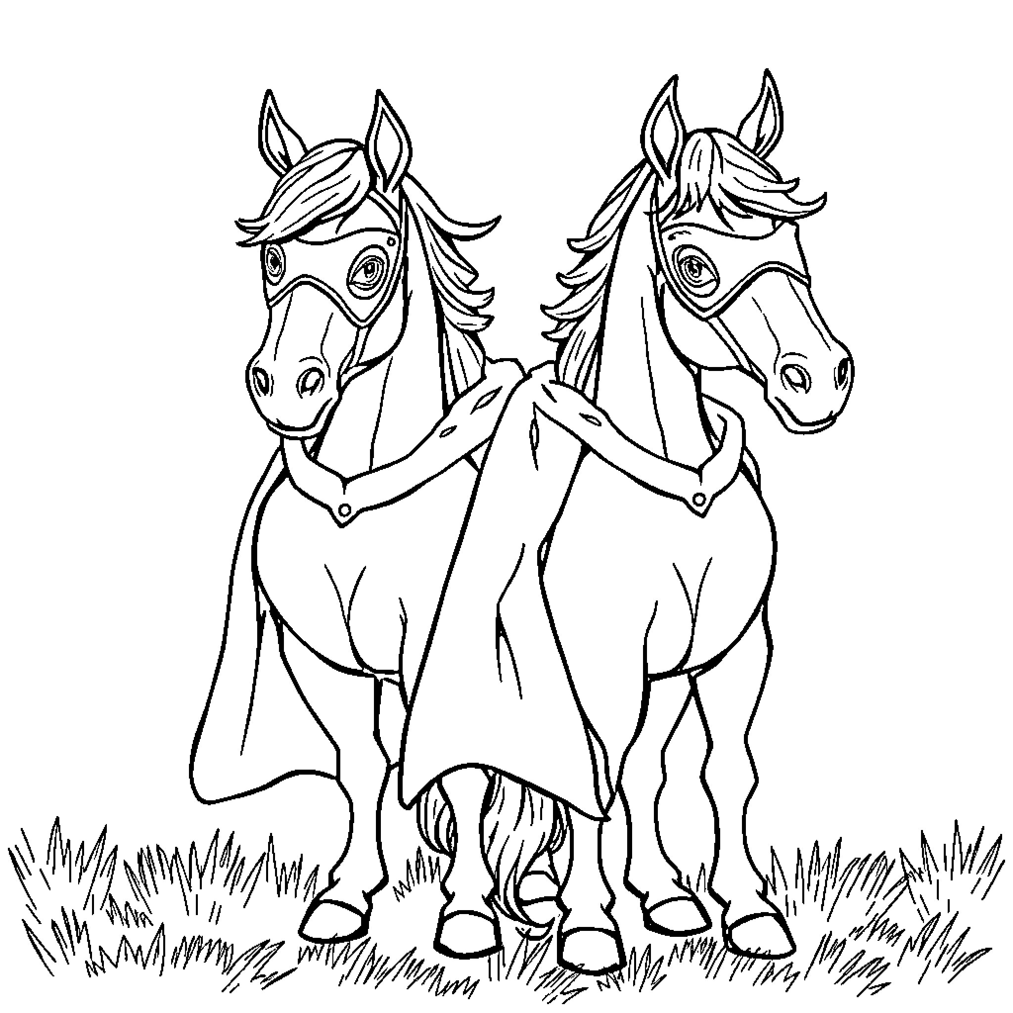 Horse Friends Enjoying the Outdoors Coloring Page (free black-and-white line drawing printable PDF for all, from beginners to advanced learners, including children, teens, adults, and seniors)