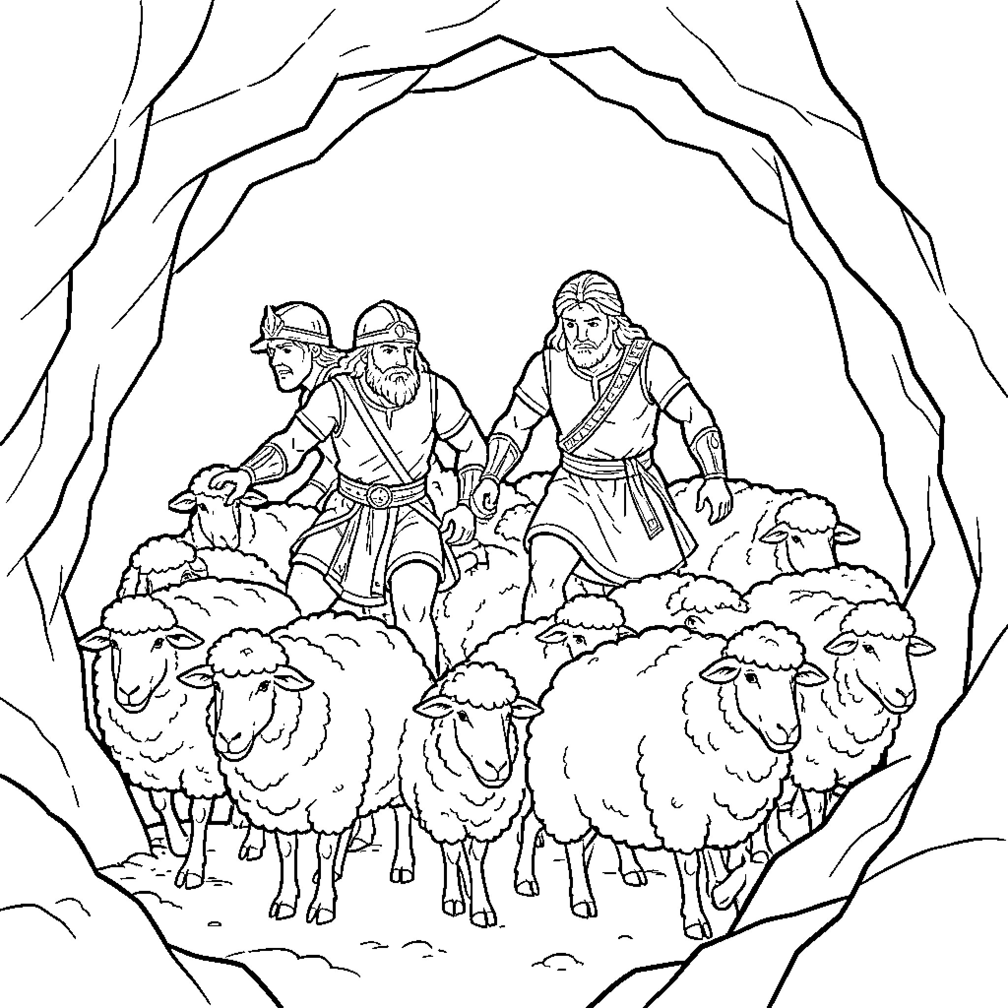 Odysseus and his men herding sheep through a cave Coloring Page (free black-and-white line drawing printable PDF for all, from beginners to advanced learners, including children, teens, adults, and seniors)
