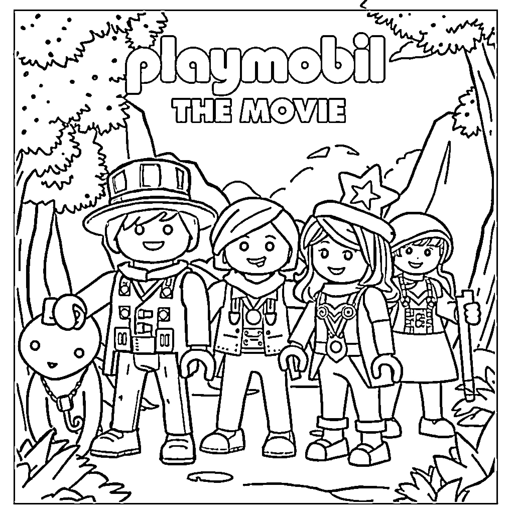 Playmobil characters in an adventurous movie scene Coloring Page (free black-and-white line drawing printable PDF for all, from beginners to advanced learners, including children, teens, adults, and seniors)