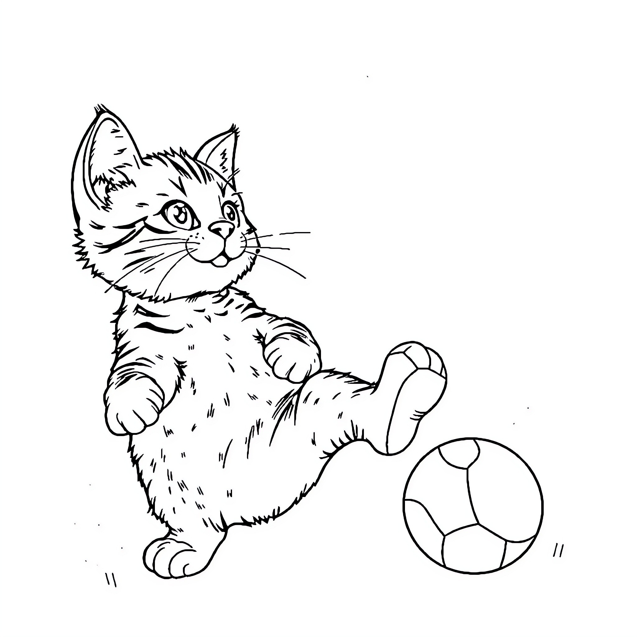 Cat playing with ball in black and white Coloring Page (free black-and-white line drawing printable PDF for all, from beginners to advanced learners, including children, teens, adults, and seniors)