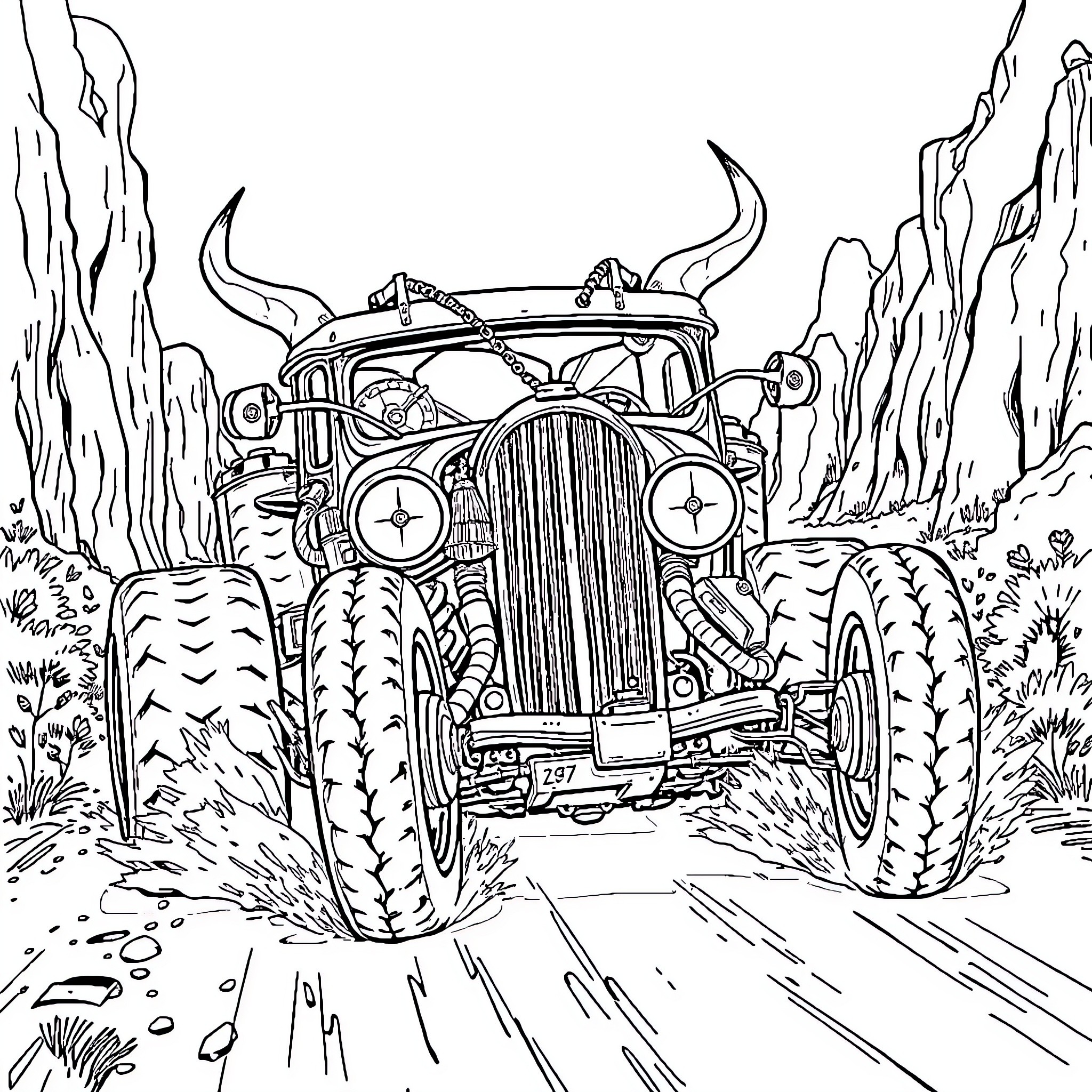 Viking Ratrod Conquering Rugged Terrain Coloring Page (free black-and-white line drawing printable PDF for all, from beginners to advanced learners, including children, teens, adults, and seniors)