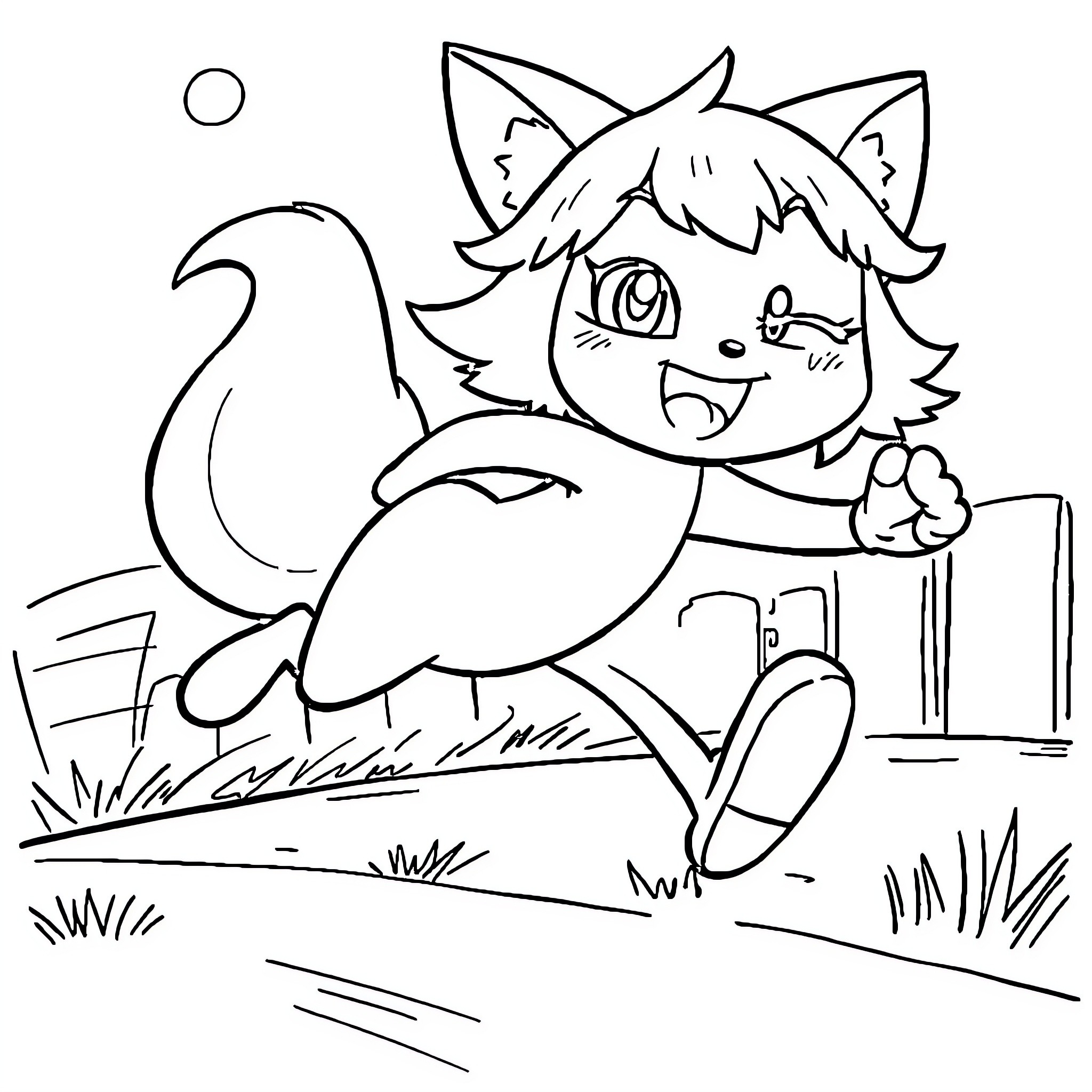 Kuromi playing joyfully in the outdoors Coloring Page (free black-and-white line drawing printable PDF for all, from beginners to advanced learners, including children, teens, adults, and seniors)