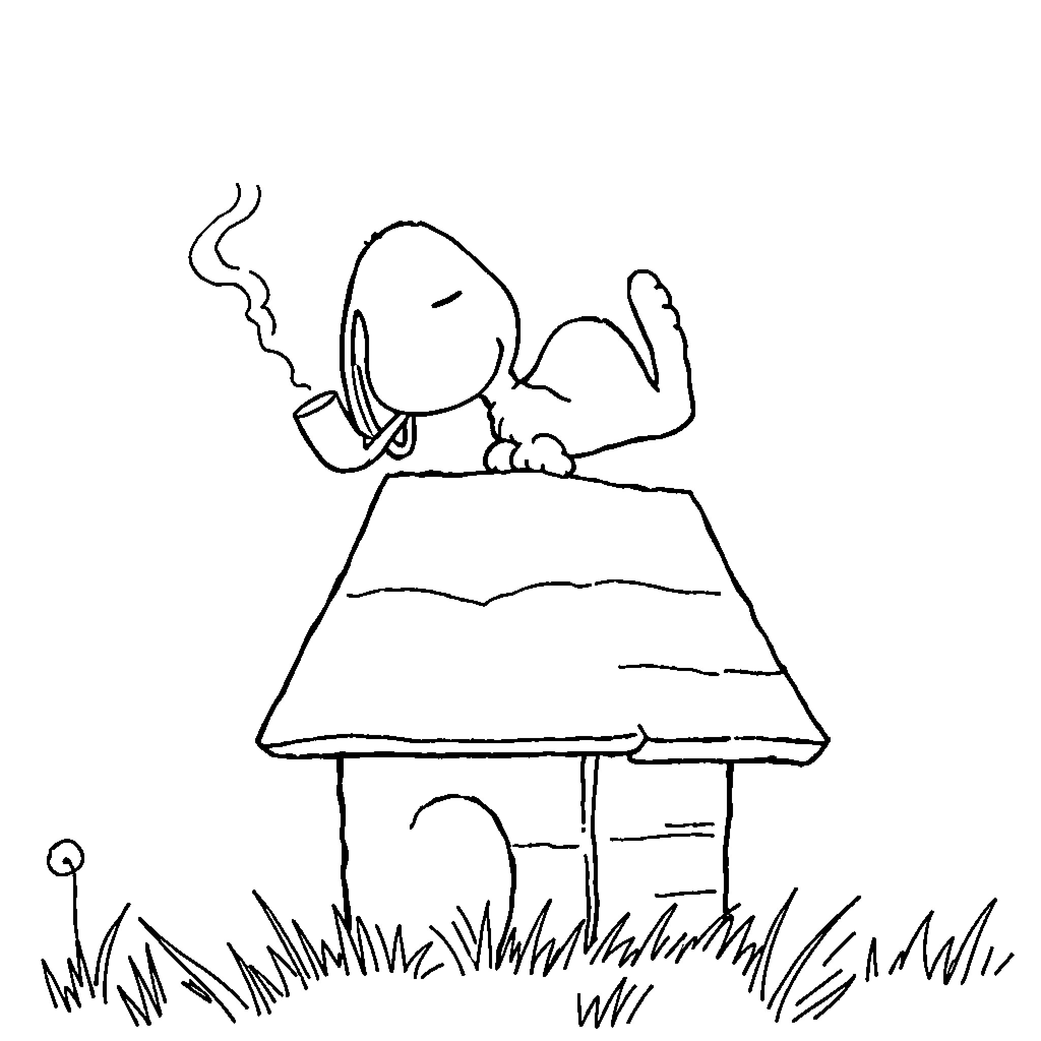 Snoopy relaxing and smoking on a doghouse Coloring Page (free black-and-white line drawing printable PDF for all, from beginners to advanced learners, including children, teens, adults, and seniors)