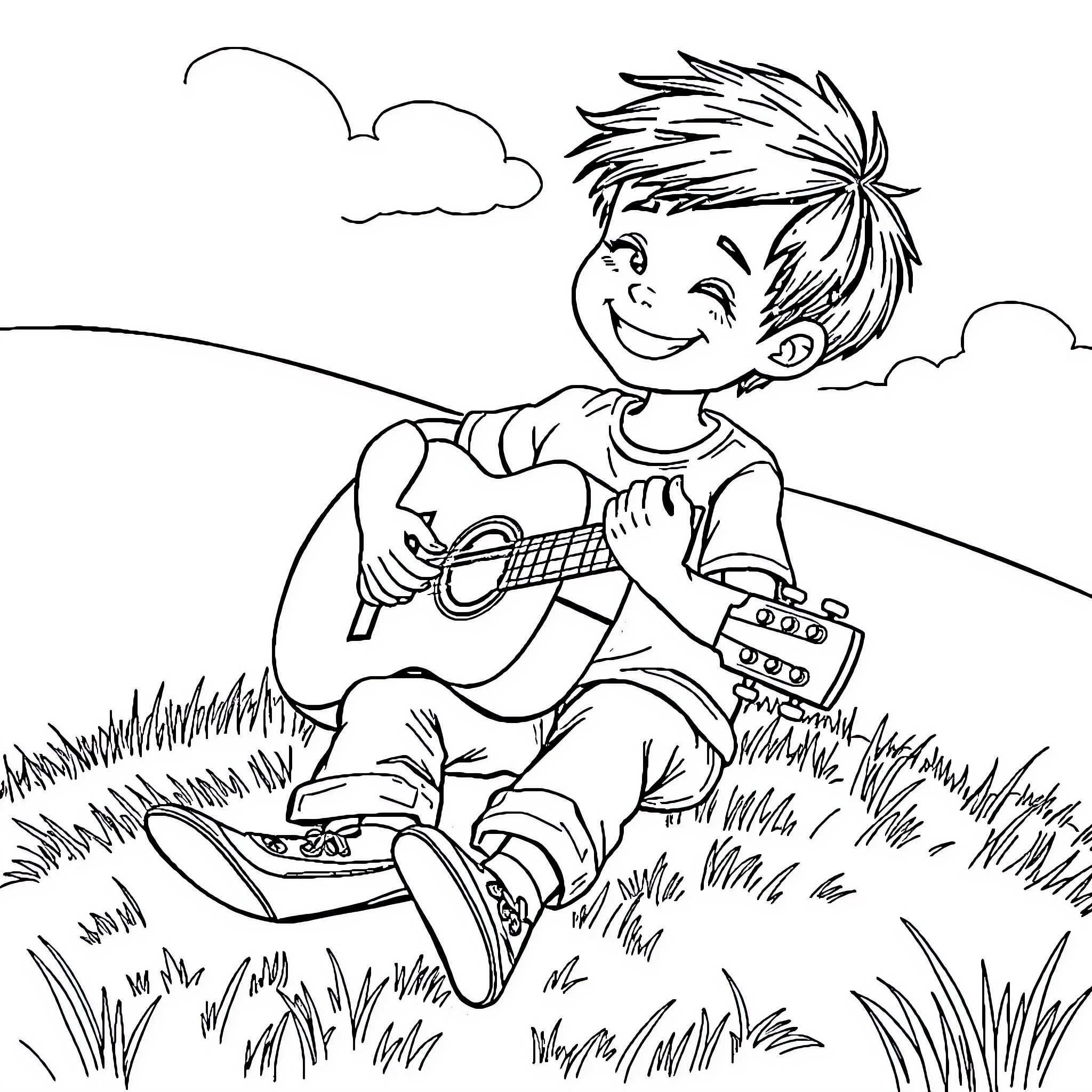 Boy playing guitar joyfully in the meadow Coloring Page (free black-and-white line drawing printable PDF for all, from beginners to advanced learners, including children, teens, adults, and seniors)