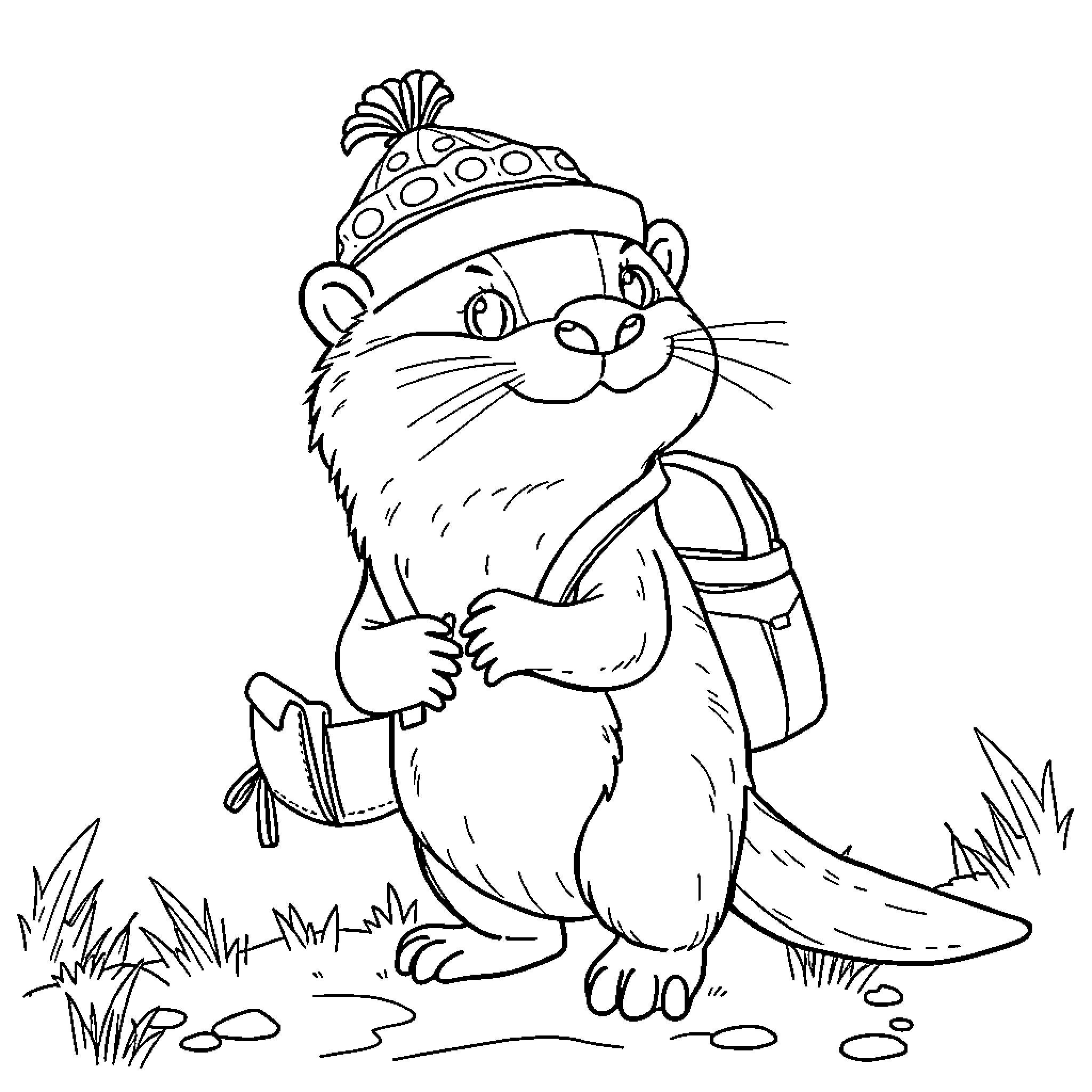 Otter wearing a funky hat and carrying a backpack Coloring Page (free black-and-white line drawing printable PDF for all, from beginners to advanced learners, including children, teens, adults, and seniors)