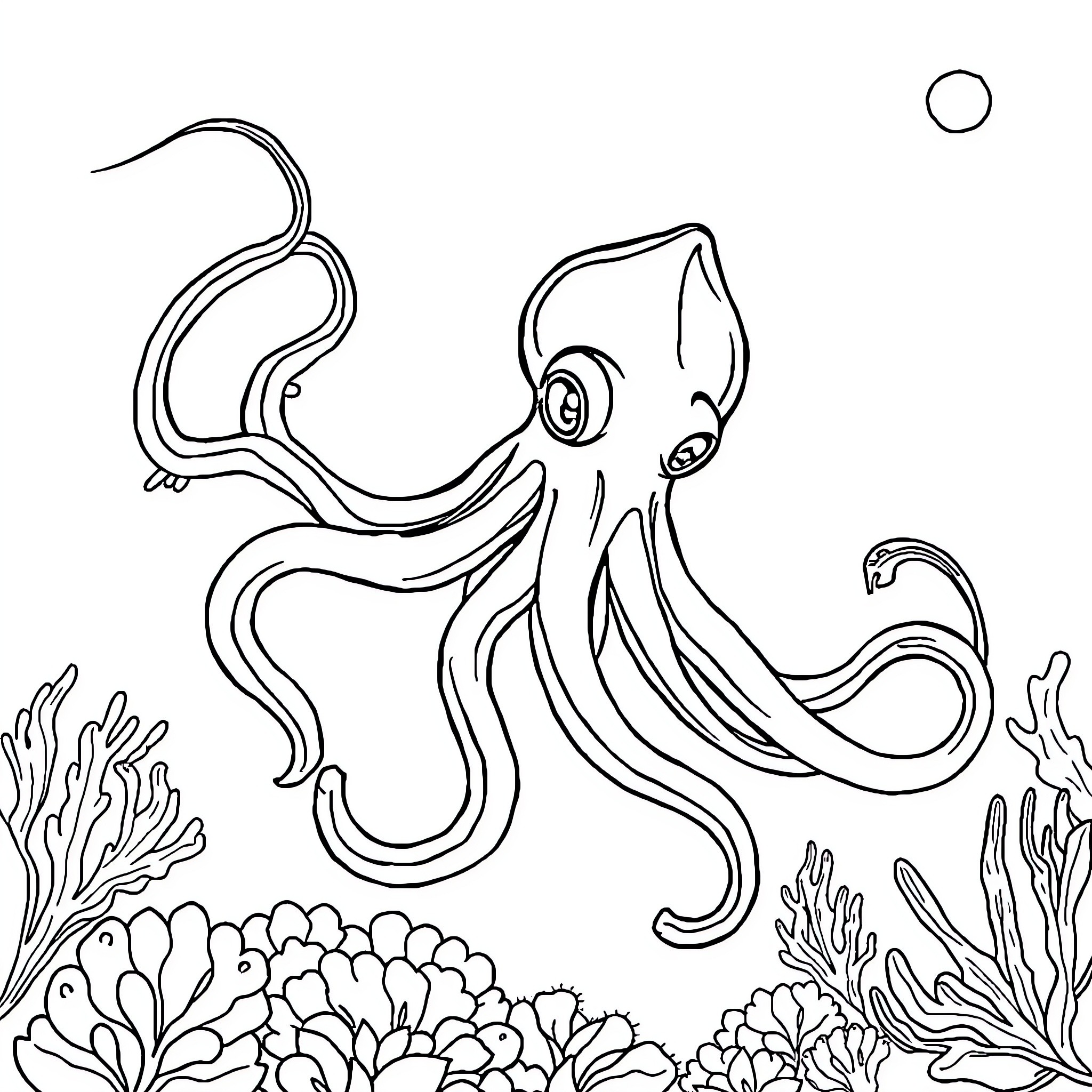 Squid exploring the vibrant underwater world Coloring Page (free black-and-white line drawing printable PDF for all, from beginners to advanced learners, including children, teens, adults, and seniors)