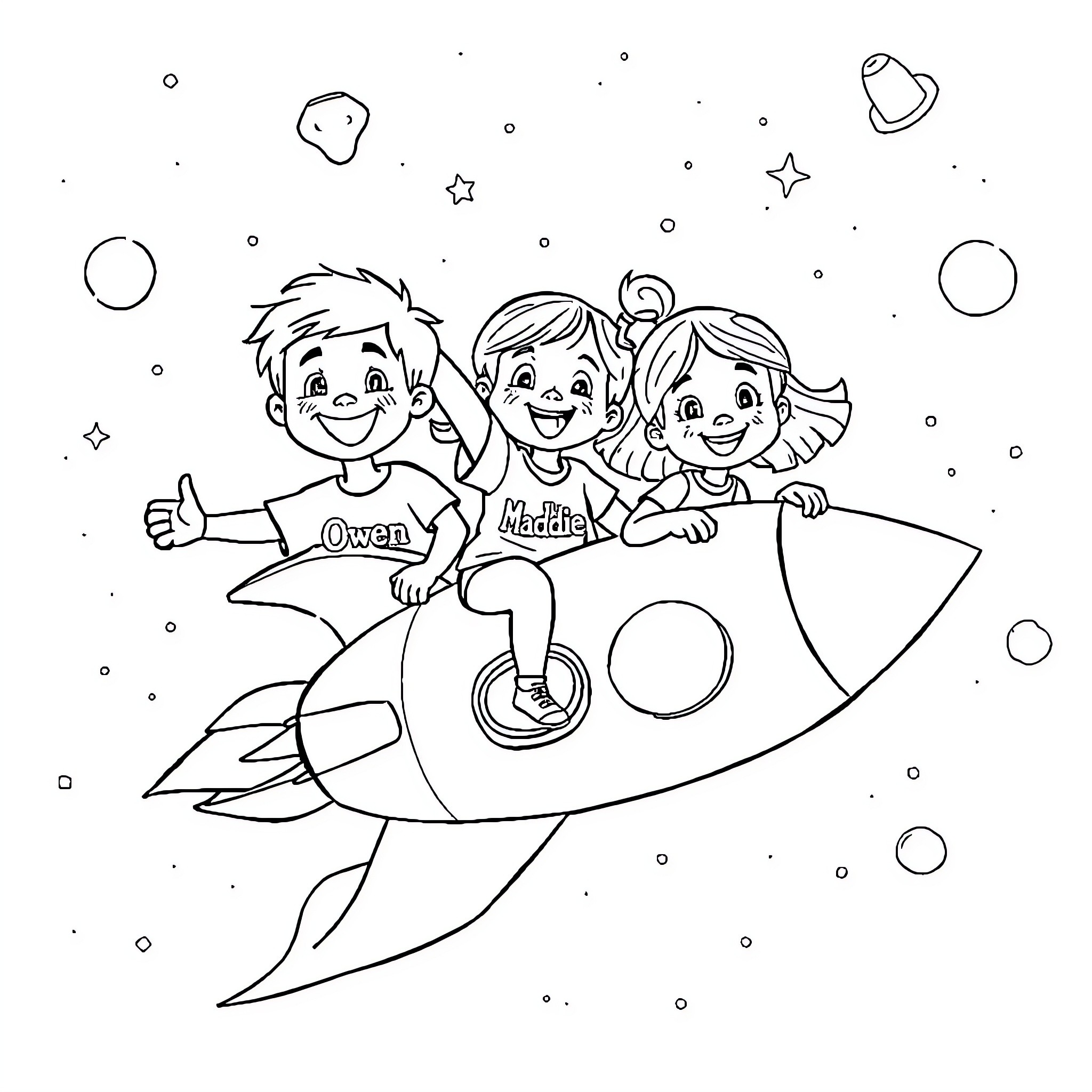 Kids riding a rocket through the galaxy Coloring Page (free black-and-white line drawing printable PDF for all, from beginners to advanced learners, including children, teens, adults, and seniors)