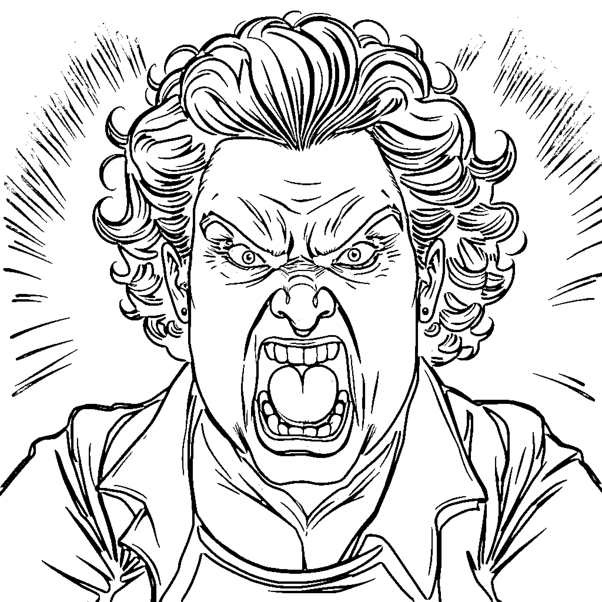 Woman displaying intense emotion in a striking illustration Coloring Page (free black-and-white line drawing printable PDF for all, from beginners to advanced learners, including children, teens, adults, and seniors)