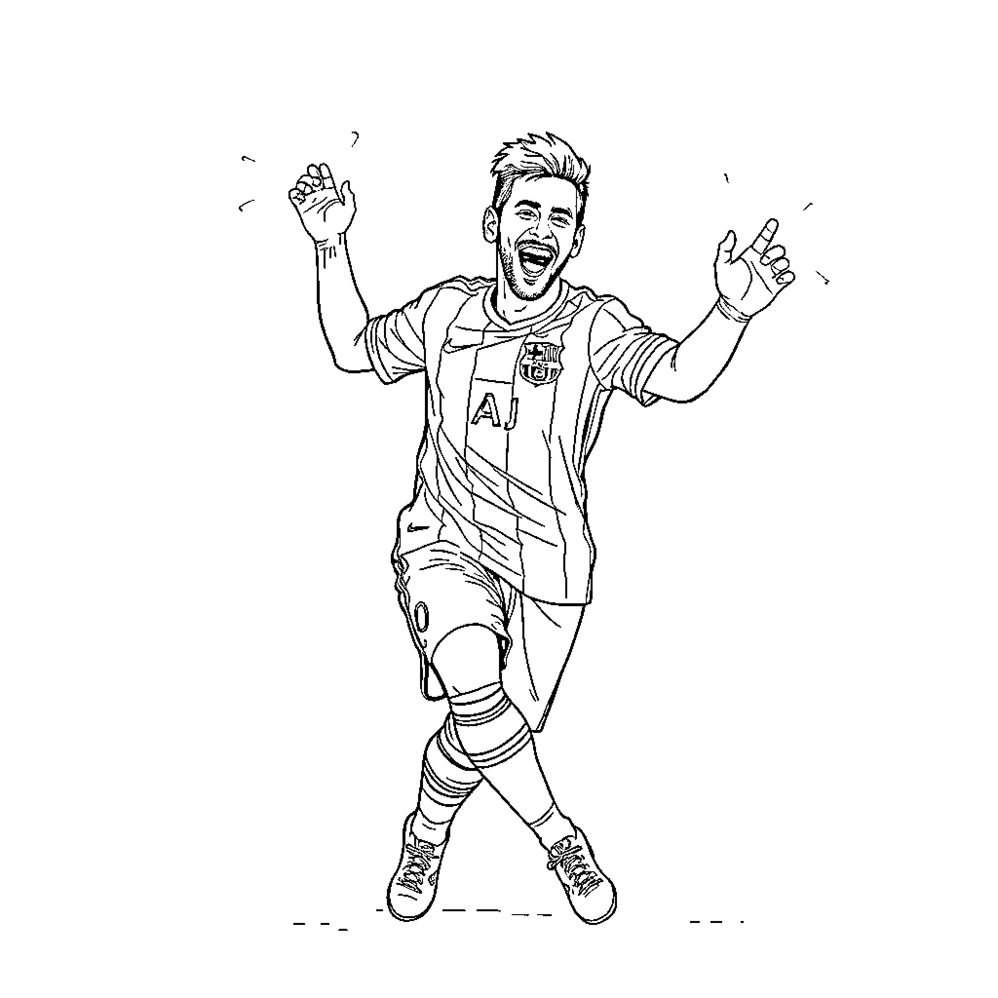 Messi celebrating a goal in his soccer uniform Coloring Page (free black-and-white line drawing printable PDF for all, from beginners to advanced learners, including children, teens, adults, and seniors)