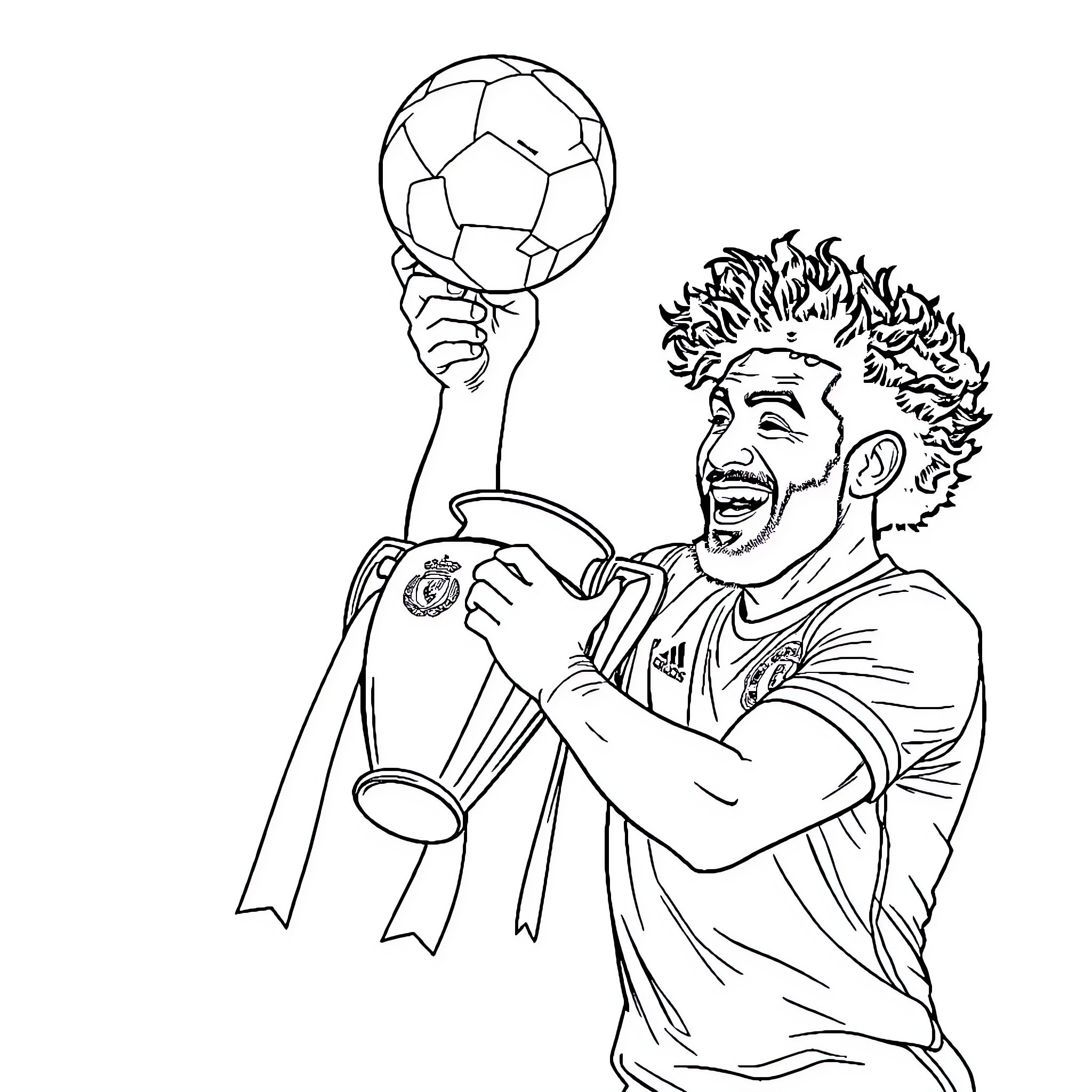 Mo Salah celebrating with soccer ball Coloring Page (free black-and-white line drawing printable PDF for all, from beginners to advanced learners, including children, teens, adults, and seniors)