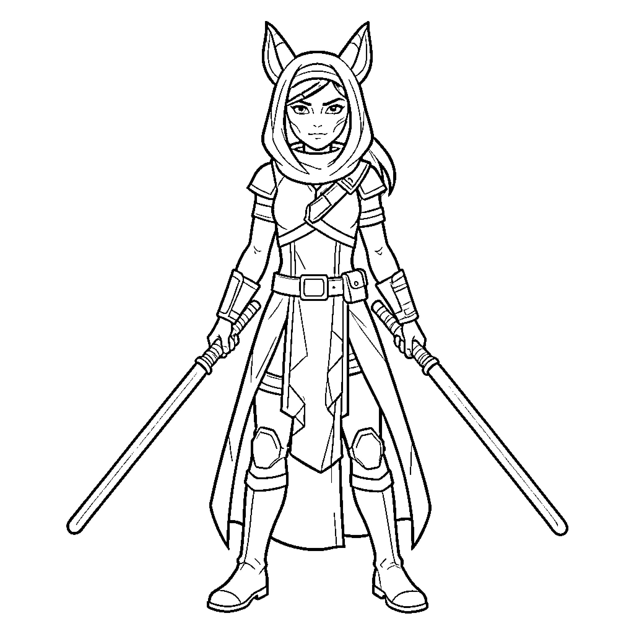Ahsoka Tano wielding dual lightsabers in action pose Coloring Page (free black-and-white line drawing printable PDF for all, from beginners to advanced learners, including children, teens, adults, and seniors)