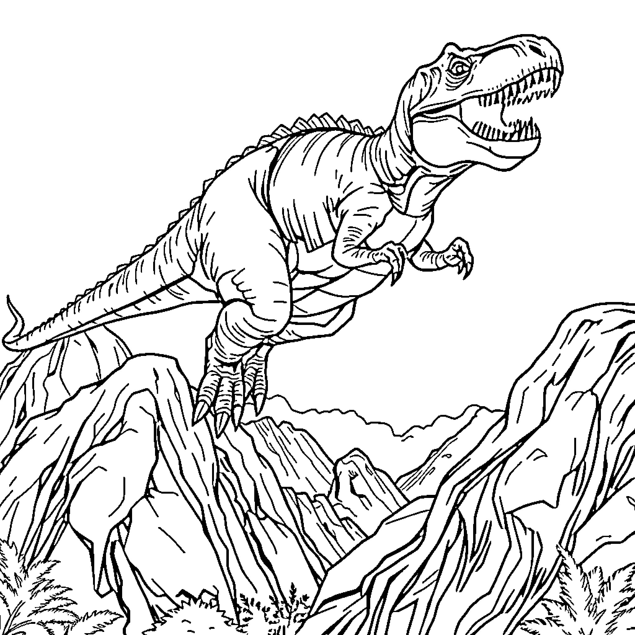 Dinosaur roaring on rocky mountain landscape Coloring Page (free black-and-white line drawing printable PDF for all, from beginners to advanced learners, including children, teens, adults, and seniors)