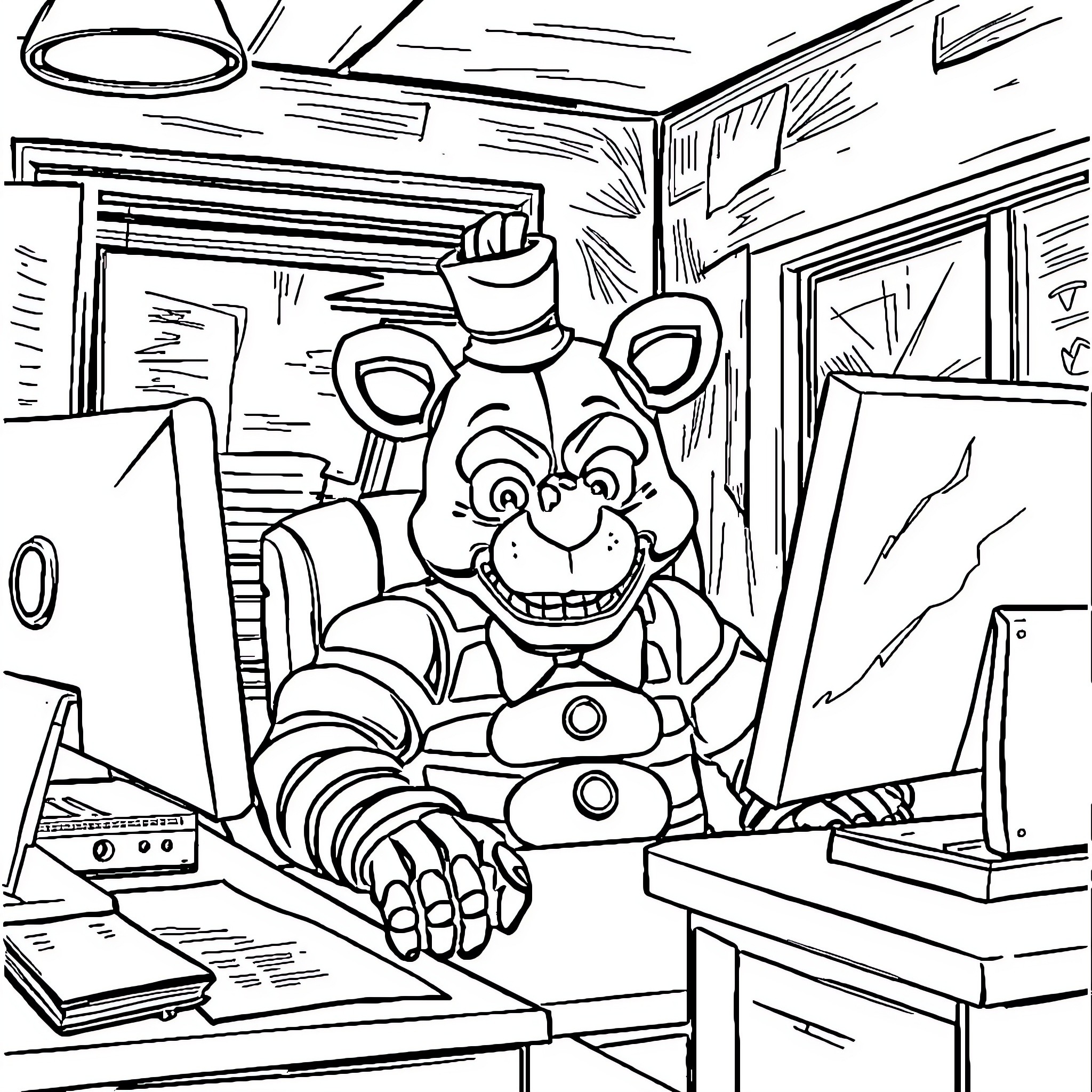 Freddy Fazbear's Office Antics Coloring Page (free black-and-white line drawing printable PDF for all, from beginners to advanced learners, including children, teens, adults, and seniors)