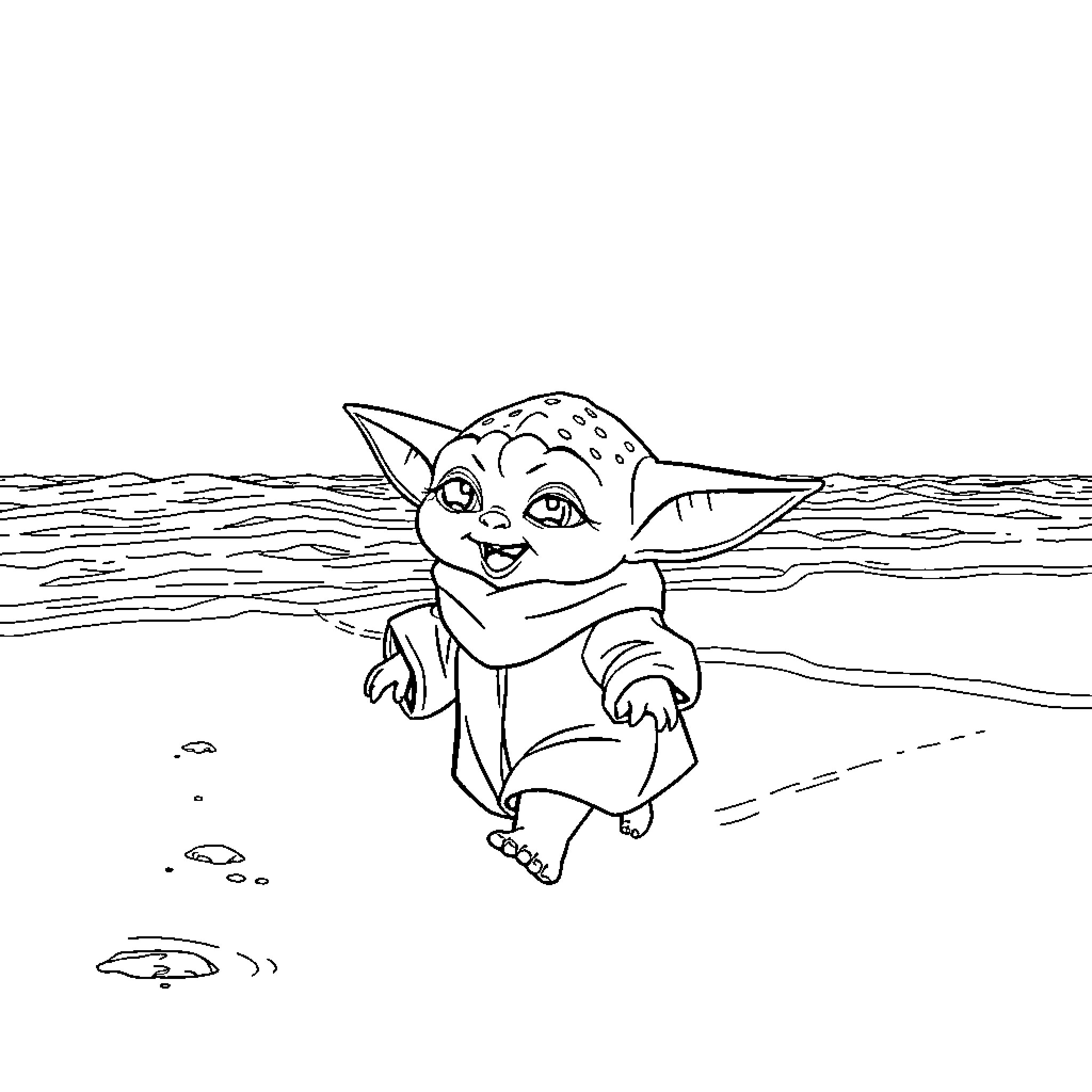 Baby Yoda playing happily in the water Coloring Page (free black-and-white line drawing printable PDF for all, from beginners to advanced learners, including children, teens, adults, and seniors)
