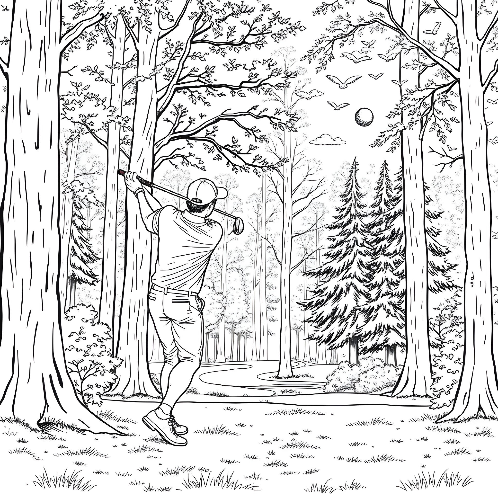 Golf player enjoying the outdoors in a forest setting Coloring Page (free black-and-white line drawing printable PDF for all, from beginners to advanced learners, including children, teens, adults, and seniors)