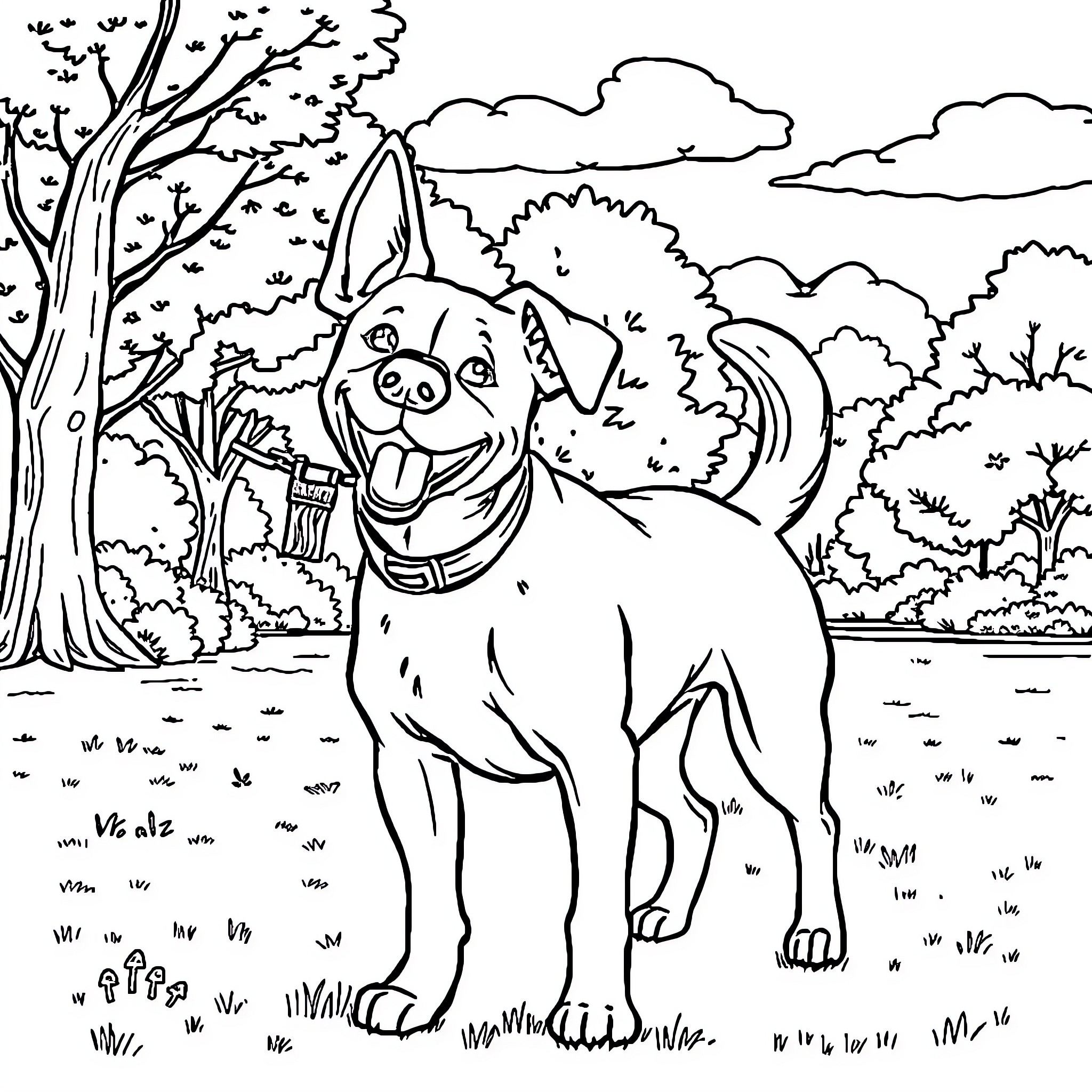 Dog exploring the forest landscape Coloring Page (free black-and-white line drawing printable PDF for all, from beginners to advanced learners, including children, teens, adults, and seniors)