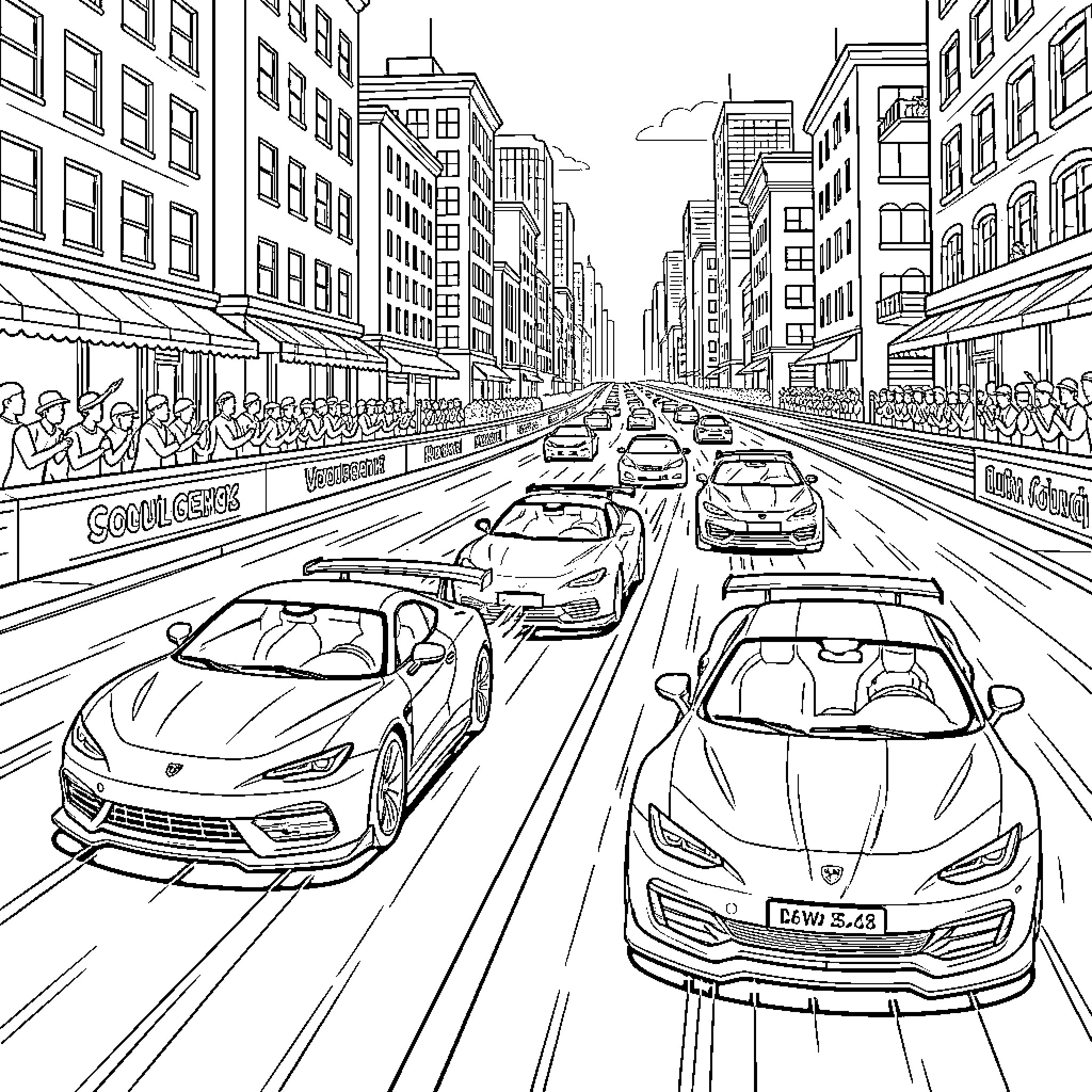 Car traffic on busy city street with pedestrians Coloring Page (free black-and-white line drawing printable PDF for all, from beginners to advanced learners, including children, teens, adults, and seniors)