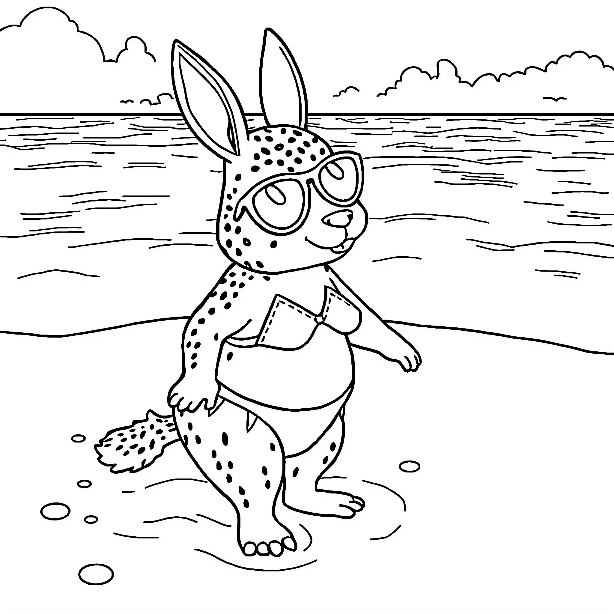 Labubu the Spotted Rabbit Enjoys the Beach Coloring Page (free black-and-white line drawing printable PDF for all, from beginners to advanced learners, including children, teens, adults, and seniors)