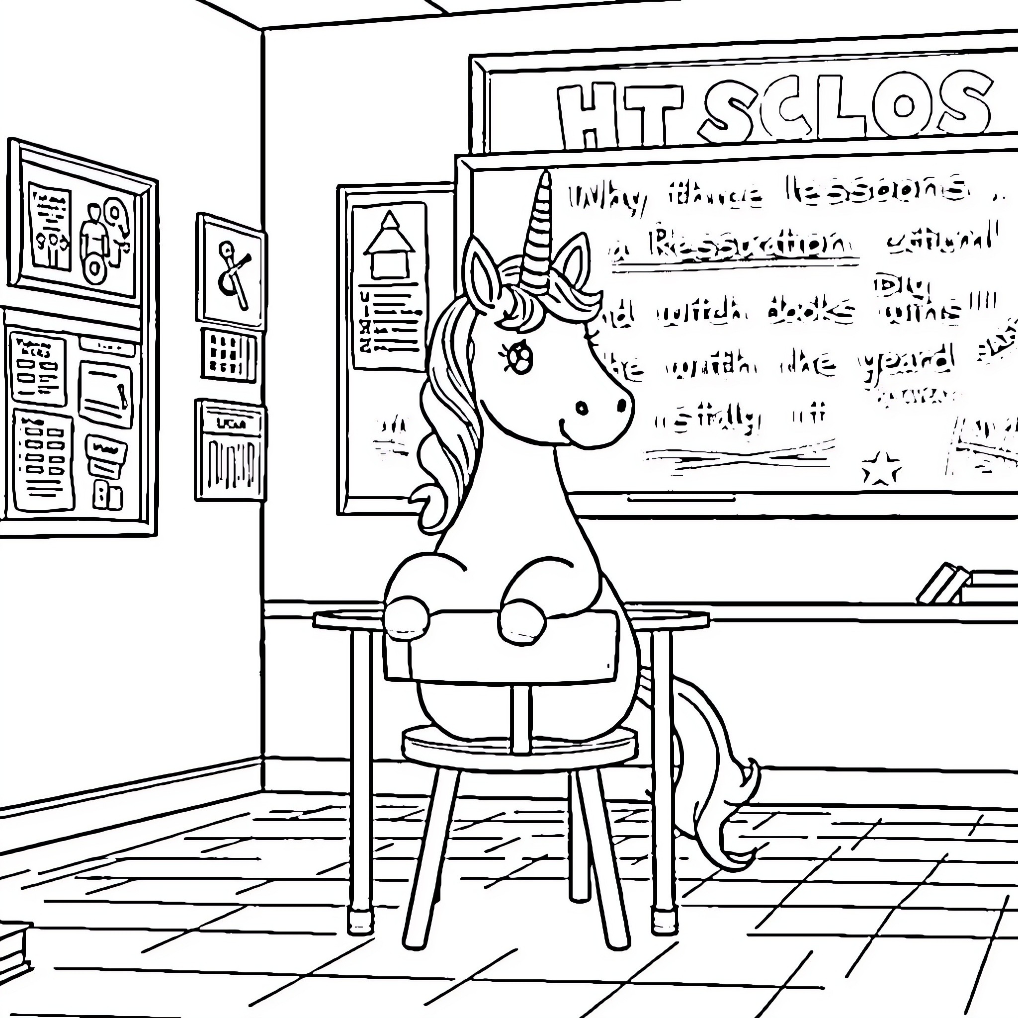 Unicorn in a Classroom Setting Coloring Page (free black-and-white line drawing printable PDF for all, from beginners to advanced learners, including children, teens, adults, and seniors)