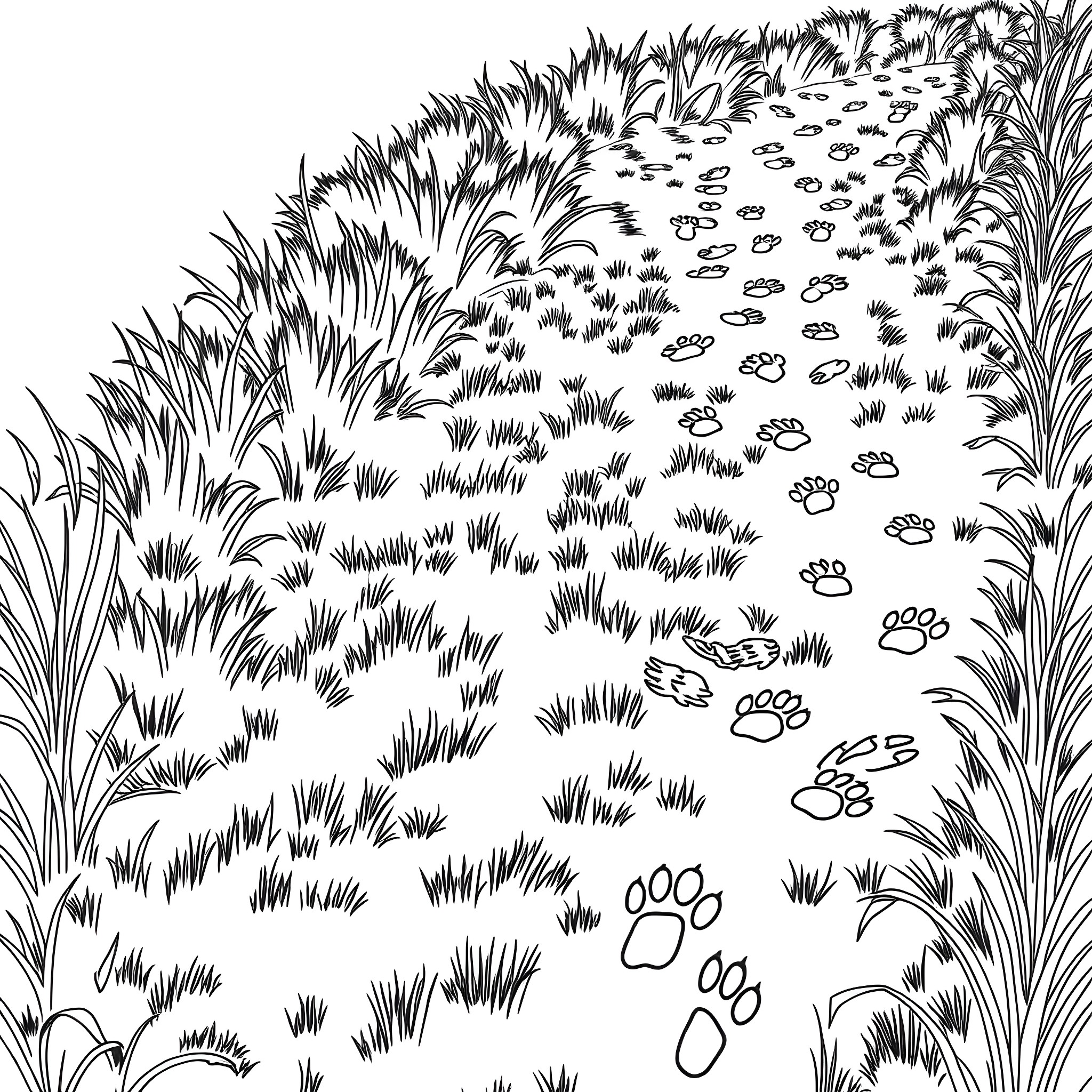 Animal Footprint Trail in Tall Grass Landscape Coloring Page (free black-and-white line drawing printable PDF for all, from beginners to advanced learners, including children, teens, adults, and seniors)