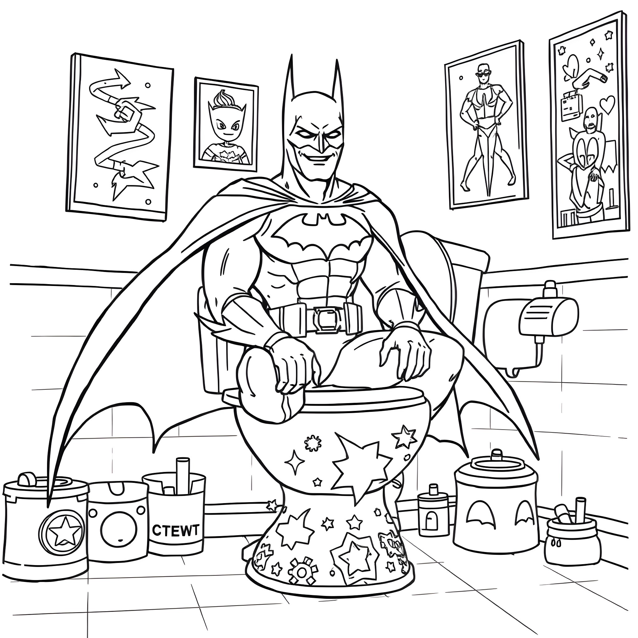 Batman's Artistic Escapades Coloring Page (free black-and-white line drawing printable PDF for all, from beginners to advanced learners, including children, teens, adults, and seniors)