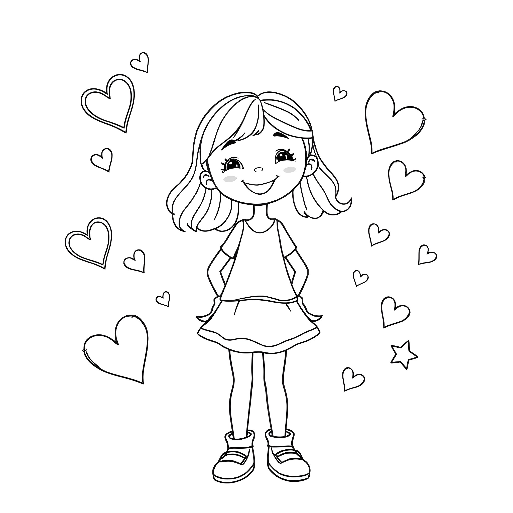 Girl in a Cheerful Mood with Hearts Coloring Page (free black-and-white line drawing printable PDF for all, from beginners to advanced learners, including children, teens, adults, and seniors)