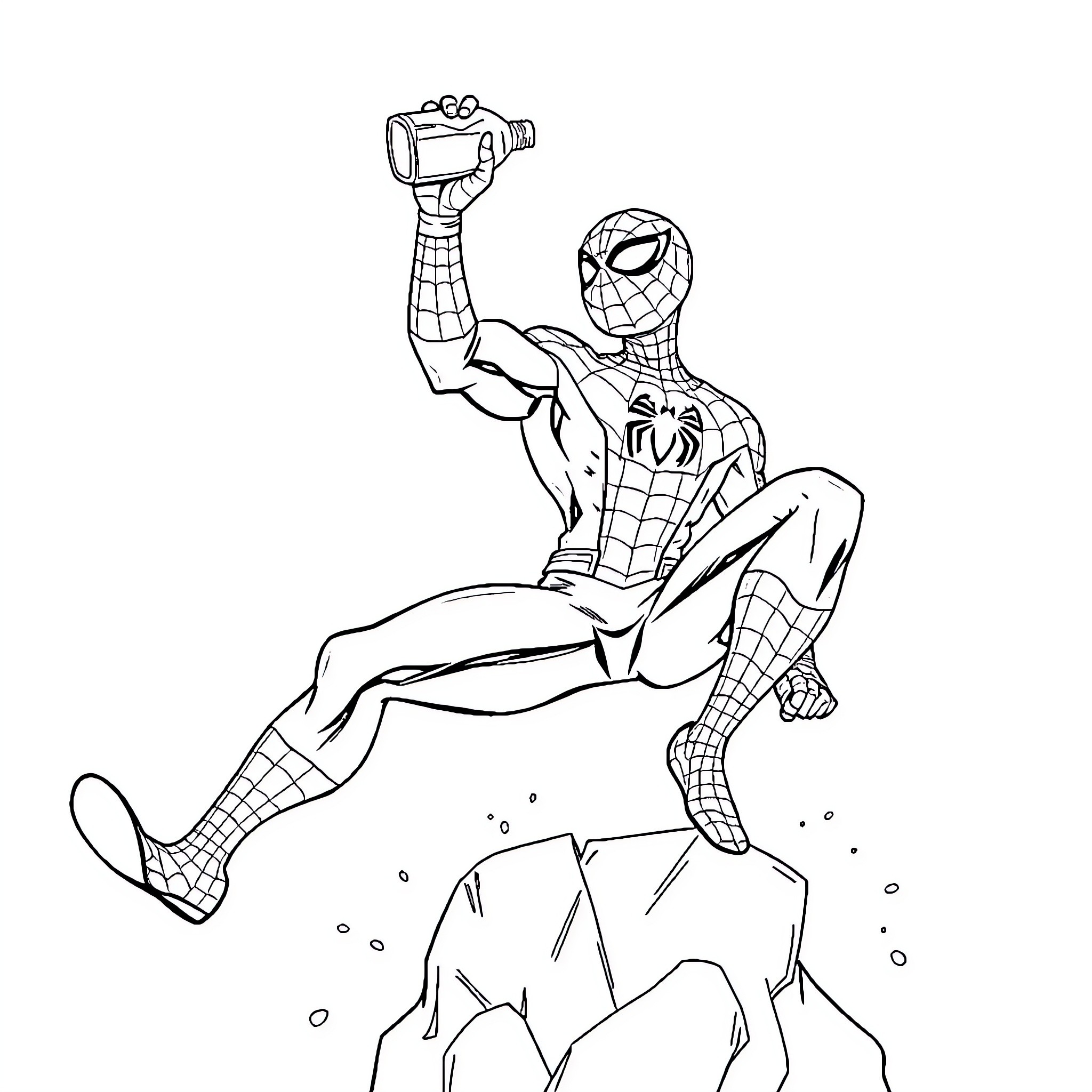 Spider-Man swinging and jumping with heroic pose Coloring Page (free black-and-white line drawing printable PDF for all, from beginners to advanced learners, including children, teens, adults, and seniors)