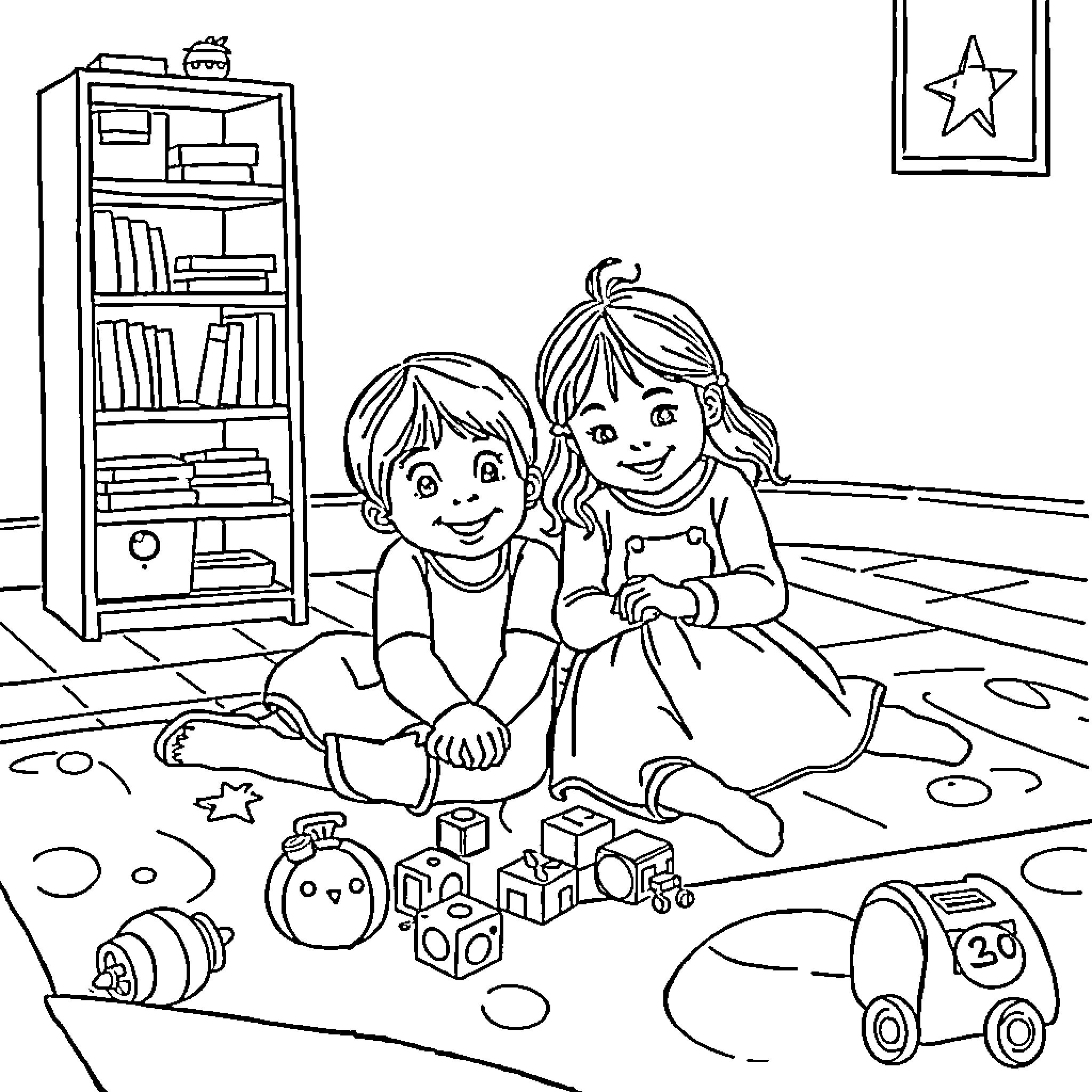 Sister Siblings Playing with Toys at Home Coloring Page (free black-and-white line drawing printable PDF for all, from beginners to advanced learners, including children, teens, adults, and seniors)