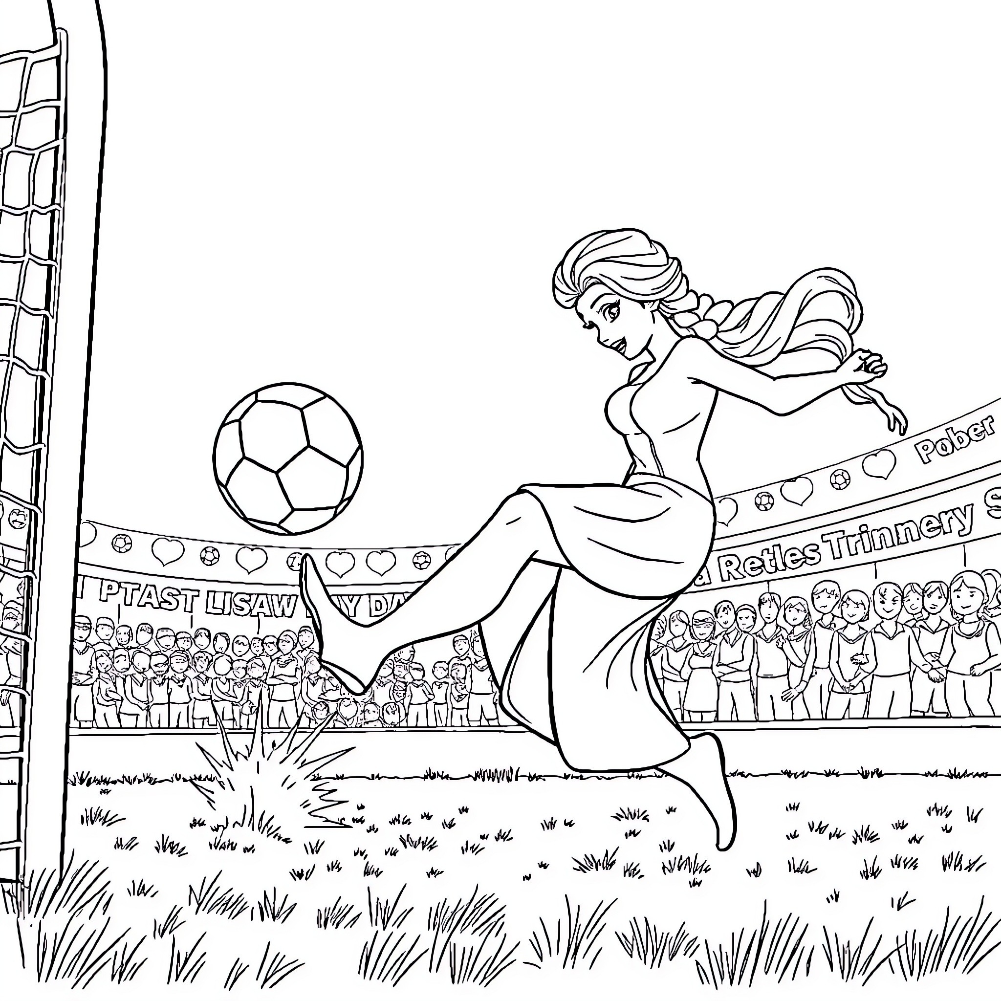 Elsa playing soccer in the stadium Coloring Page (free black-and-white line drawing printable PDF for all, from beginners to advanced learners, including children, teens, adults, and seniors)