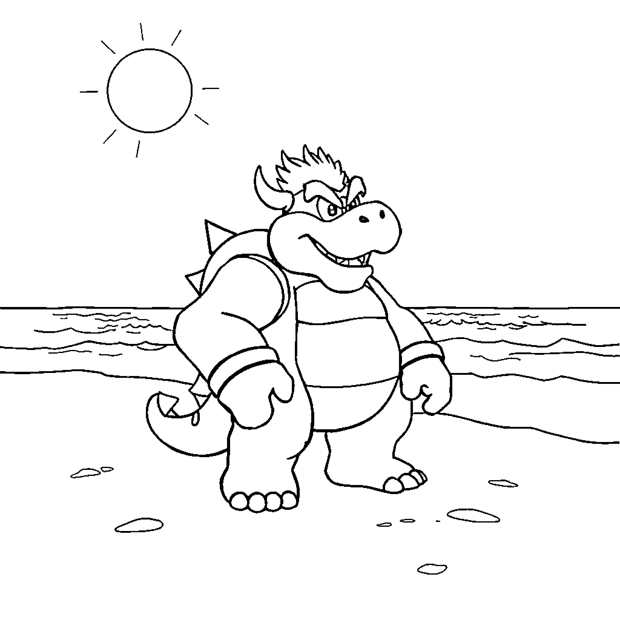 Bowser enjoying a sunny day at the beach Coloring Page (free black-and-white line drawing printable PDF for all, from beginners to advanced learners, including children, teens, adults, and seniors)
