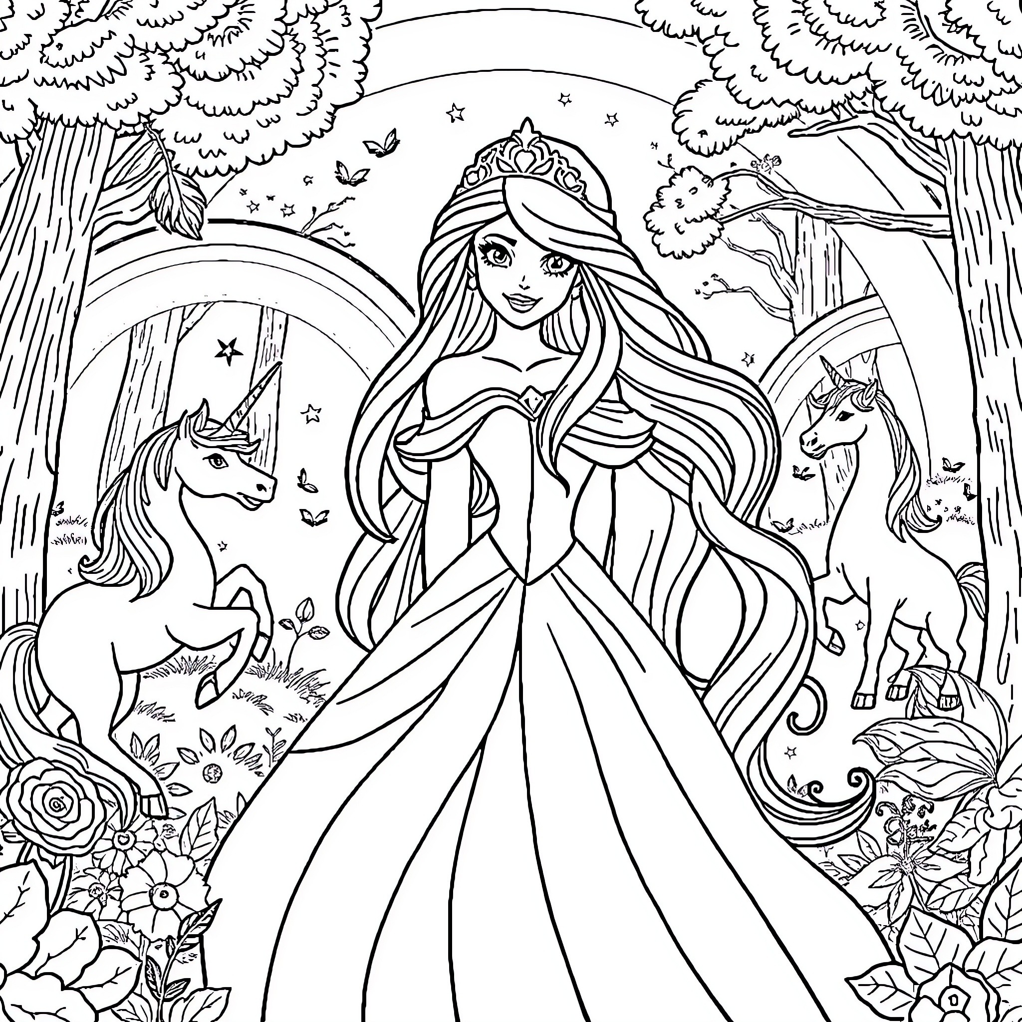 Princess in a magical forest with unicorns Coloring Page (free black-and-white line drawing printable PDF for all, from beginners to advanced learners, including children, teens, adults, and seniors)