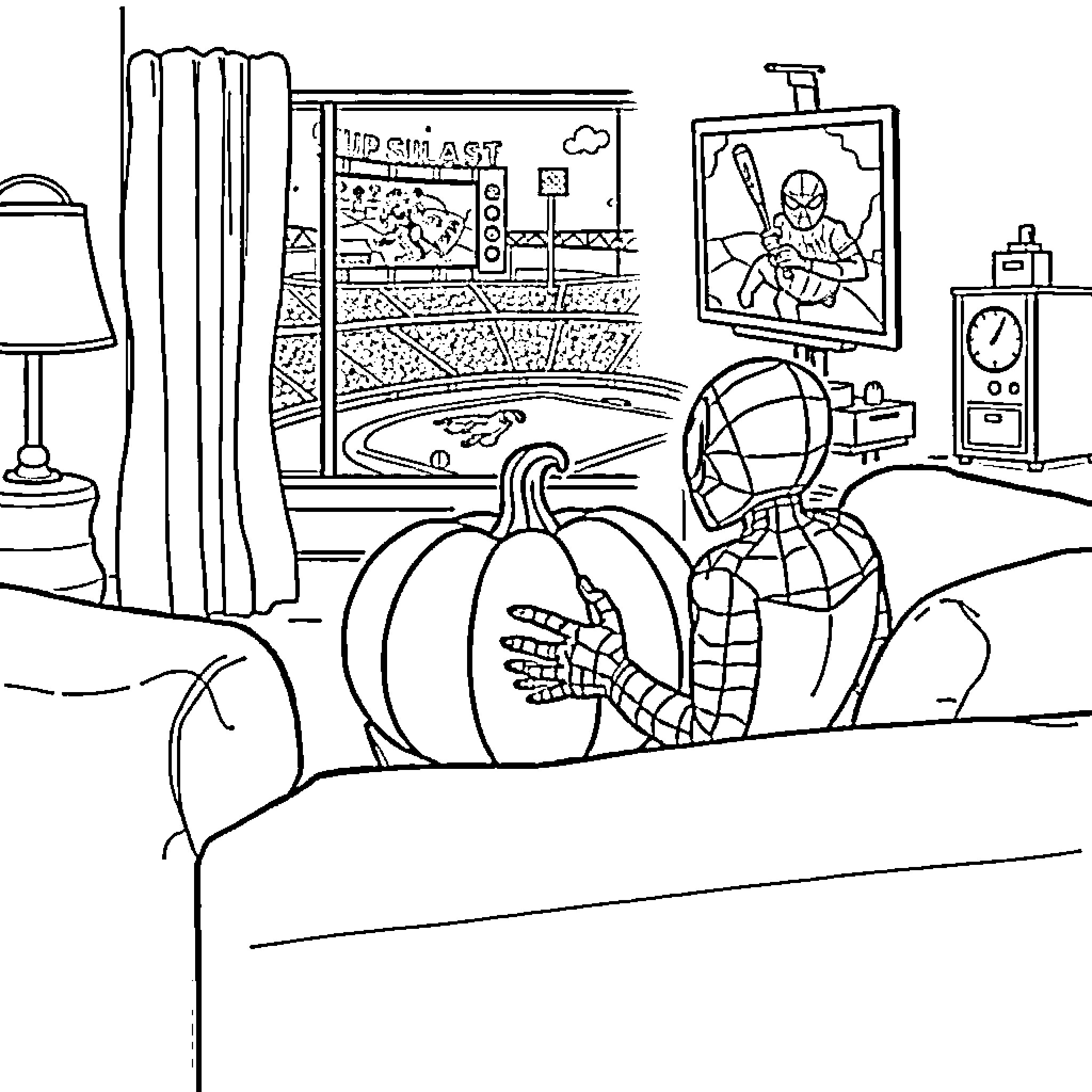 Spiderman relaxing at home with a pumpkin Coloring Page (free black-and-white line drawing printable PDF for all, from beginners to advanced learners, including children, teens, adults, and seniors)