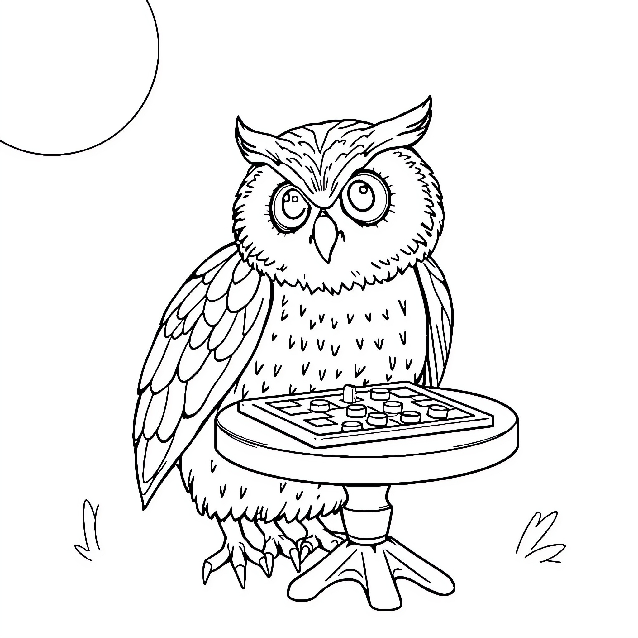 Owl typing intently on a keyboard Coloring Page (free black-and-white line drawing printable PDF for all, from beginners to advanced learners, including children, teens, adults, and seniors)