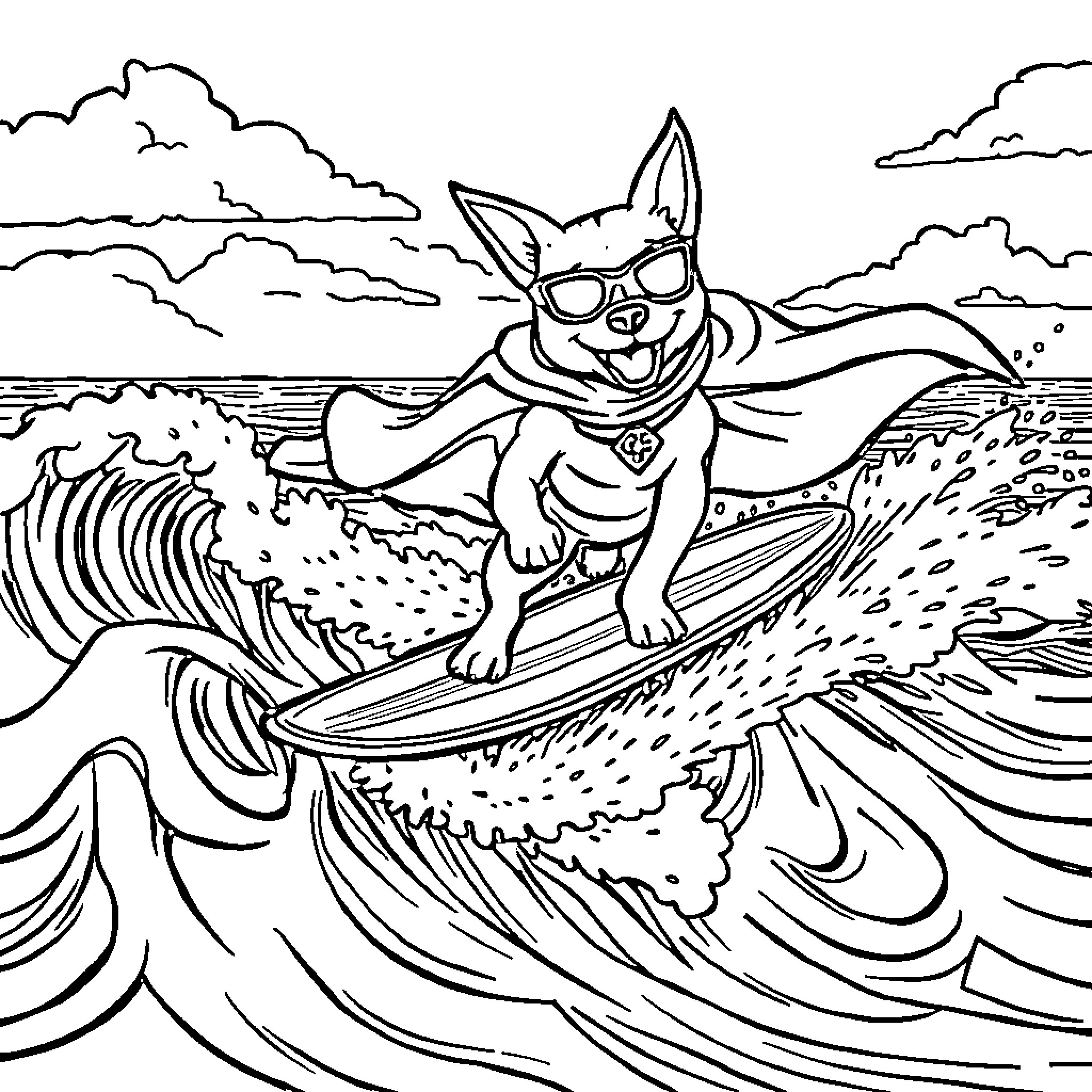 Dog surfing on big waves Coloring Page (free black-and-white line drawing printable PDF for all, from beginners to advanced learners, including children, teens, adults, and seniors)