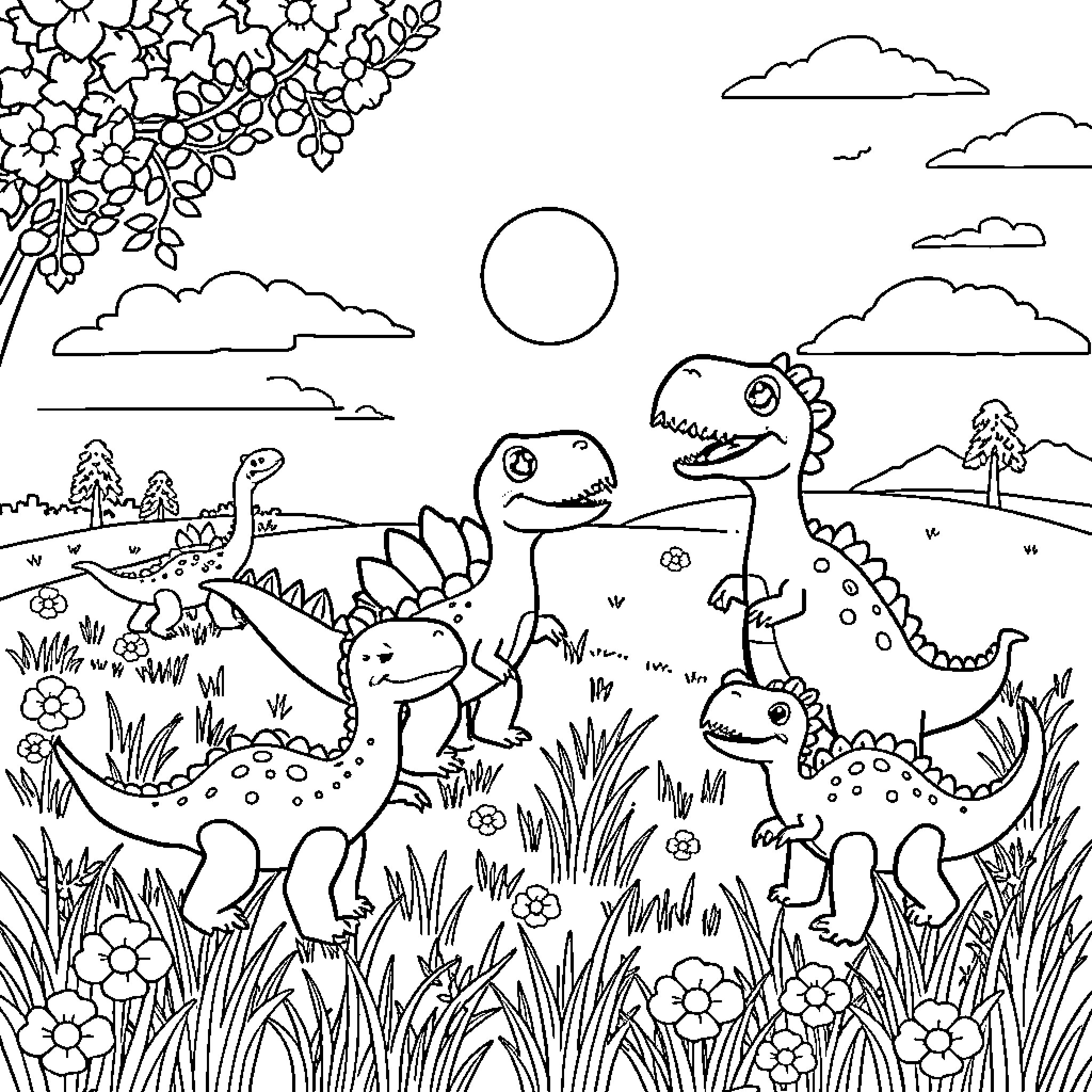 Dino friends exploring nature together Coloring Page (free black-and-white line drawing printable PDF for all, from beginners to advanced learners, including children, teens, adults, and seniors)