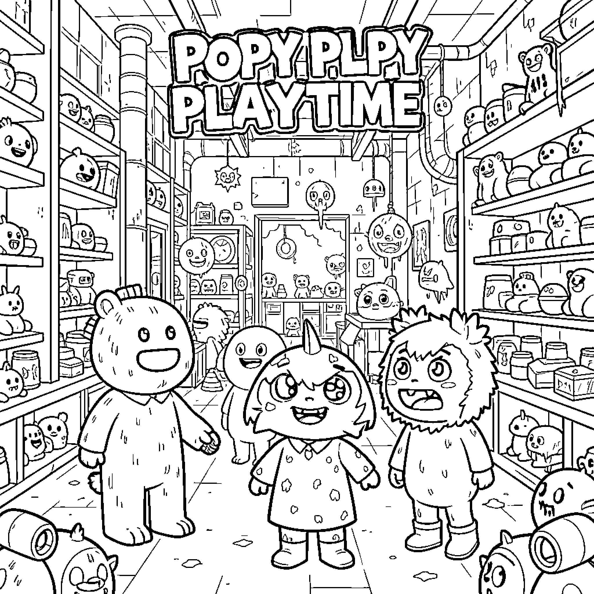 Poppy Playtime characters posing together in a toy store Coloring Page (free black-and-white line drawing printable PDF for all, from beginners to advanced learners, including children, teens, adults, and seniors)