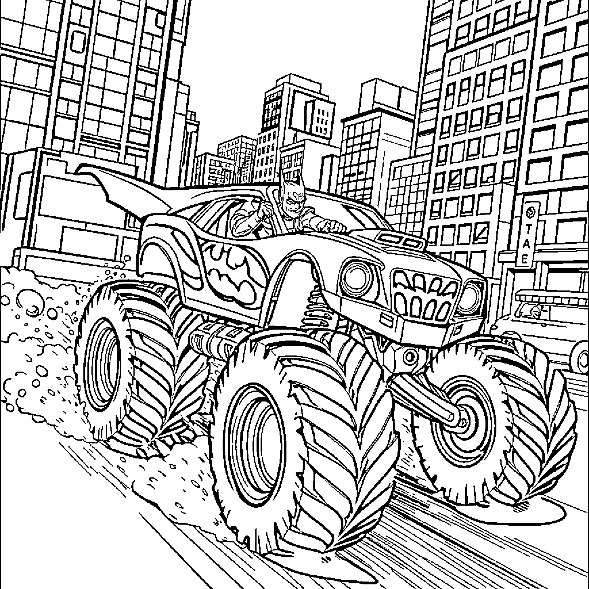 Batman Driving Monster Truck Through City Streets Coloring Page (free black-and-white line drawing printable PDF for all, from beginners to advanced learners, including children, teens, adults, and seniors)