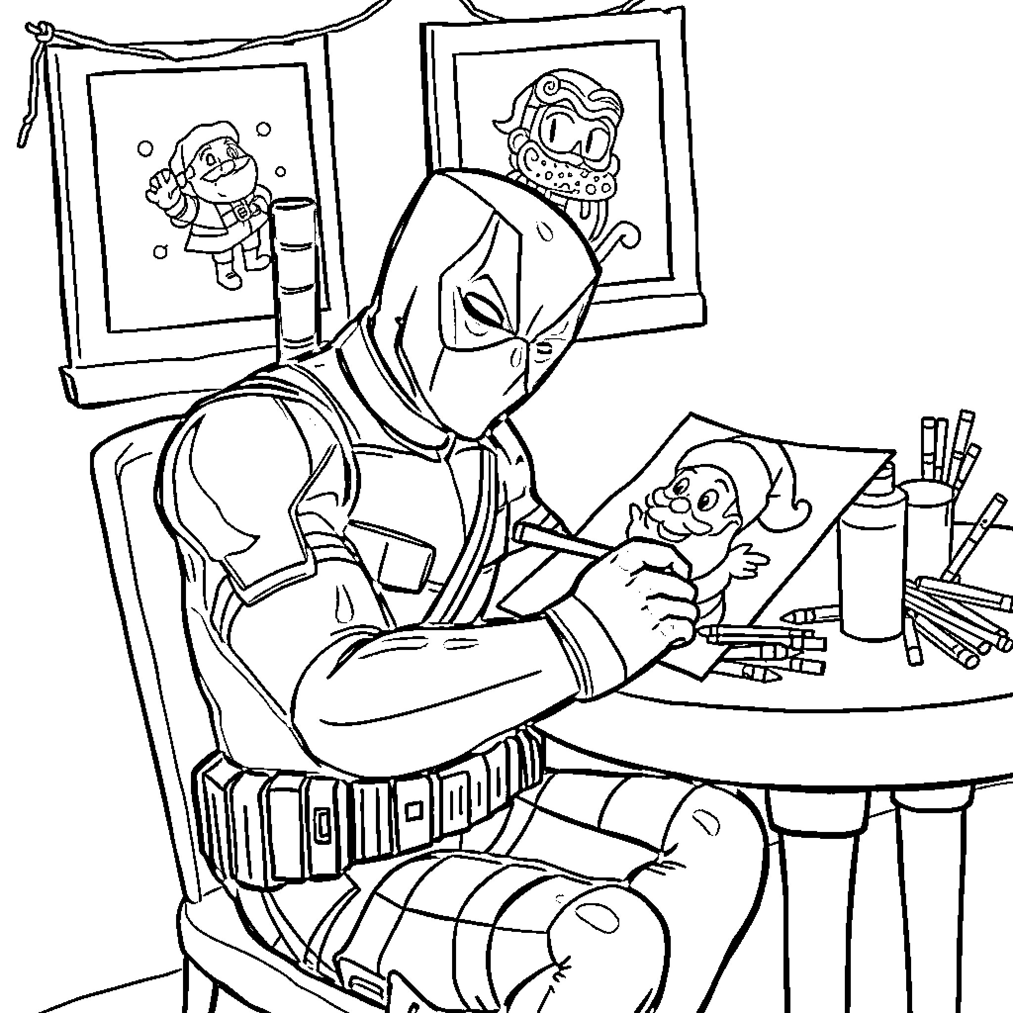 Deadpool in his artistic studio Coloring Page (free black-and-white line drawing printable PDF for all, from beginners to advanced learners, including children, teens, adults, and seniors)