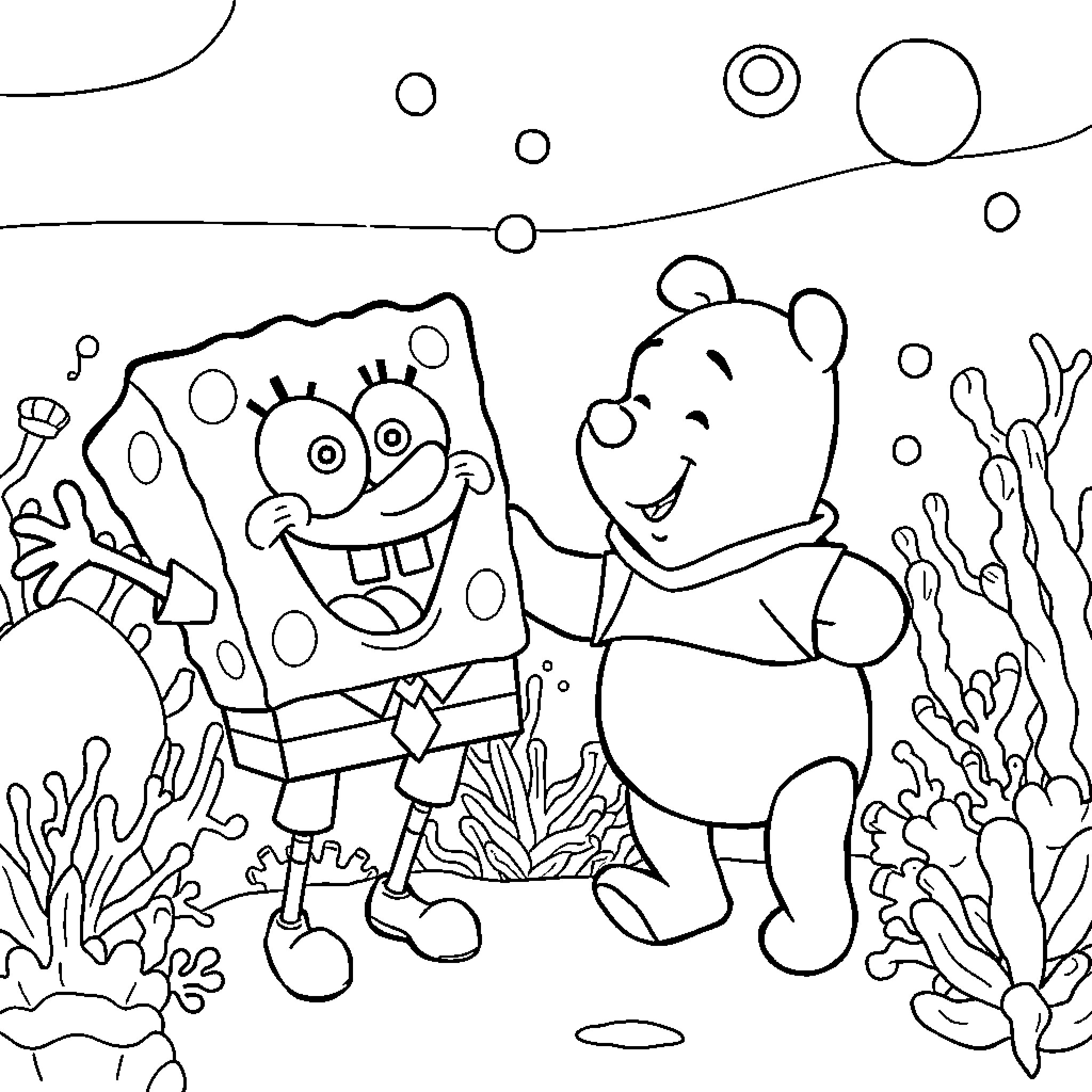Spongebob and Winnie the Pooh explore the underwater world Coloring Page (free black-and-white line drawing printable PDF for all, from beginners to advanced learners, including children, teens, adults, and seniors)