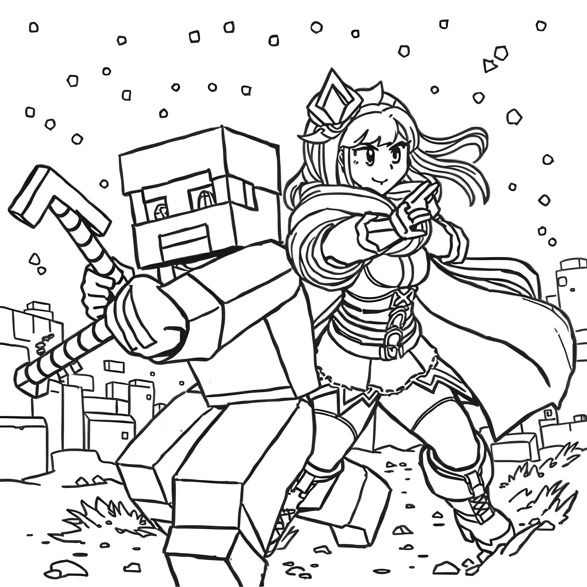 Steve's Anime Adventure in the Blocky World Coloring Page (free black-and-white line drawing printable PDF for all, from beginners to advanced learners, including children, teens, adults, and seniors)